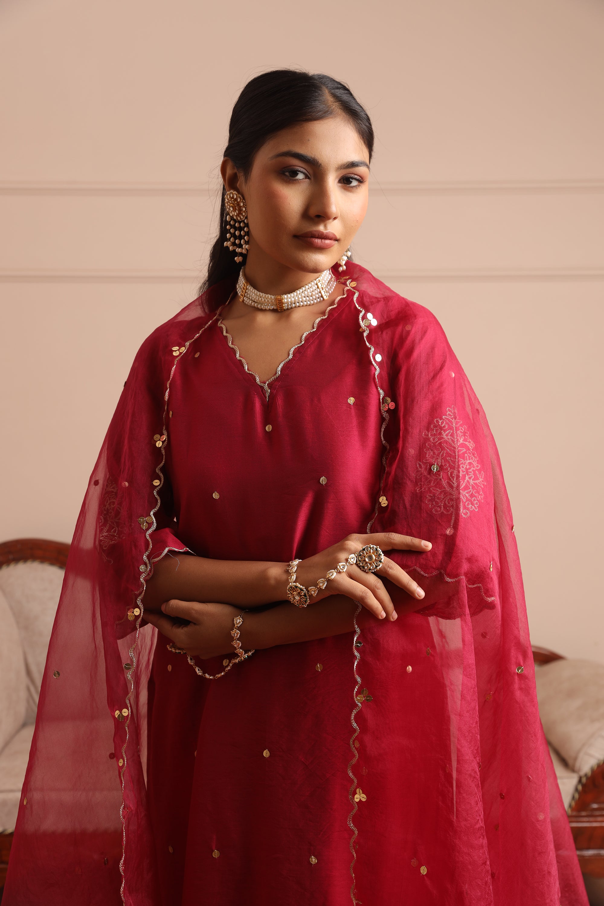Magenta Embroidered Straight Set - Asrumo