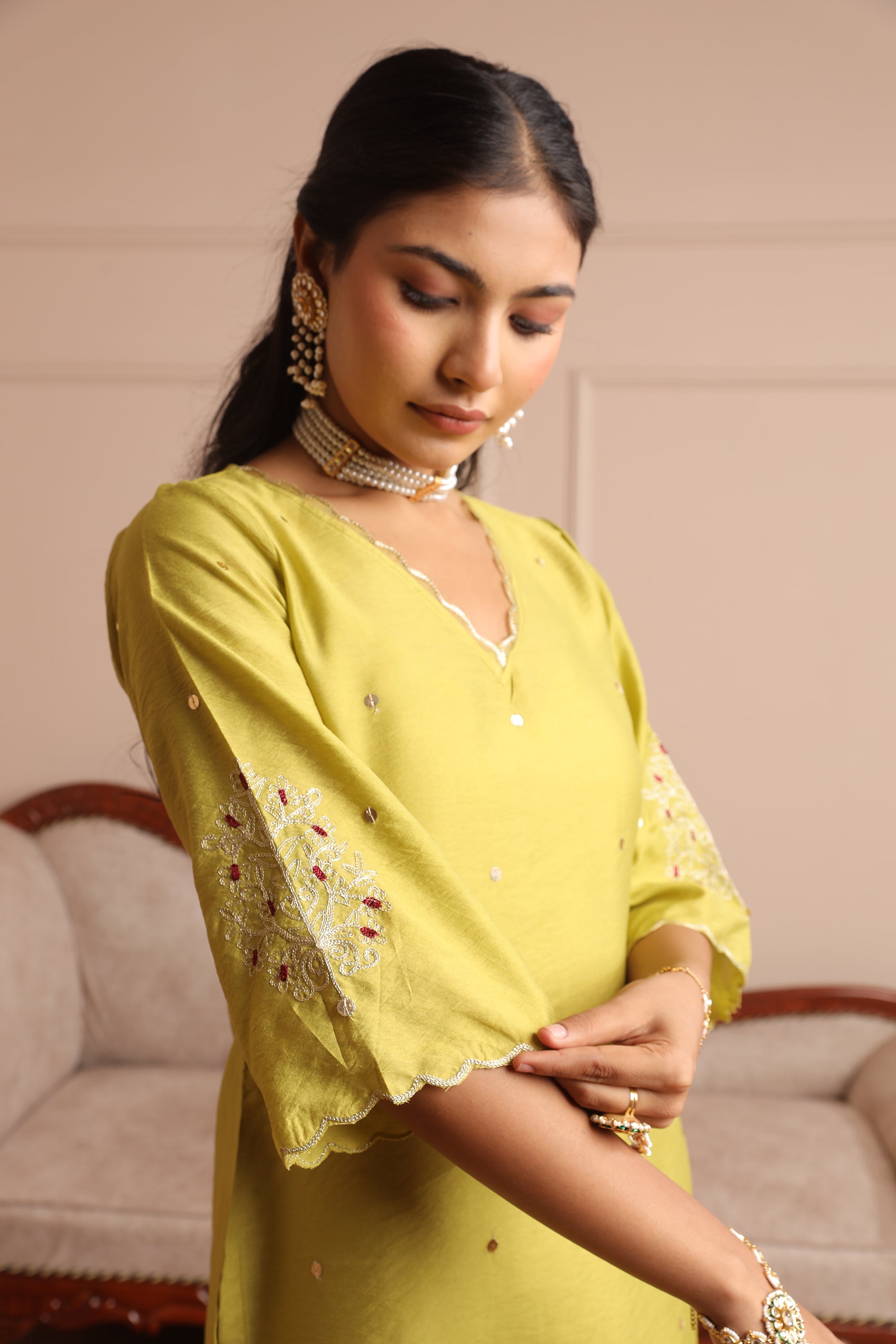 Lime Green Chanderi Embroidered Straight Set - Asrumo