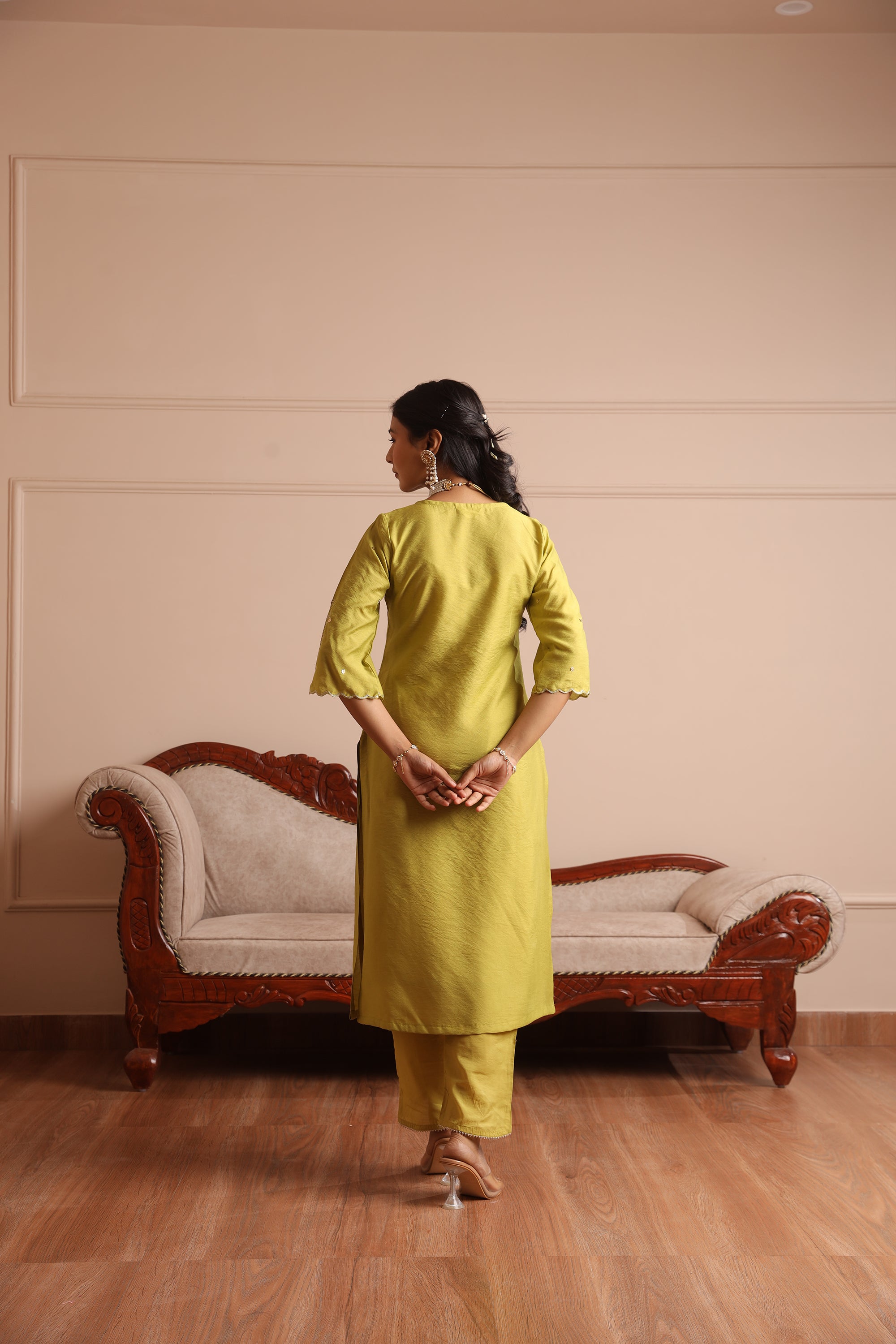 Lime Green Chanderi Embroidered Straight Set - Asrumo