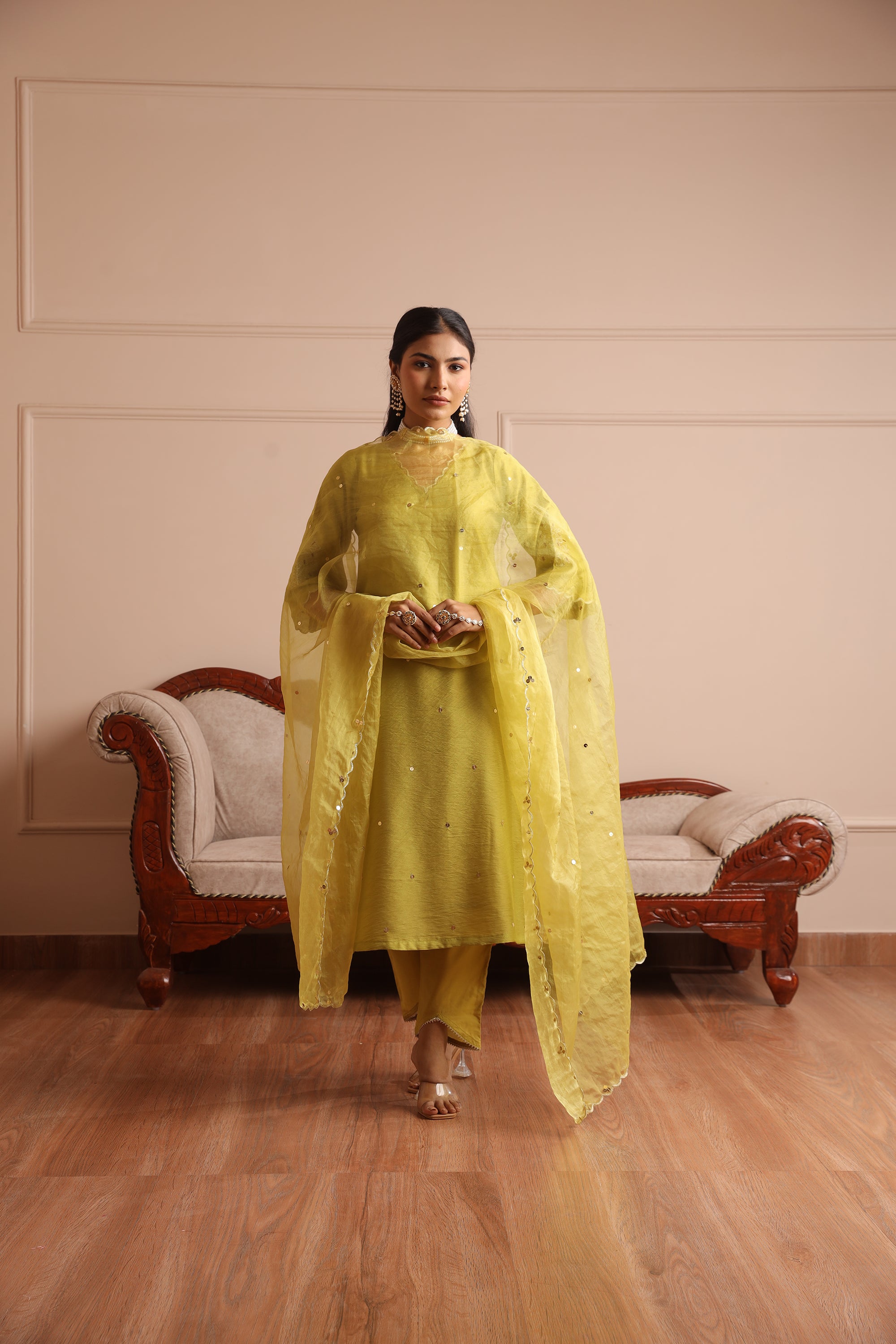 Lime Green Chanderi Embroidered Straight Set - Asrumo