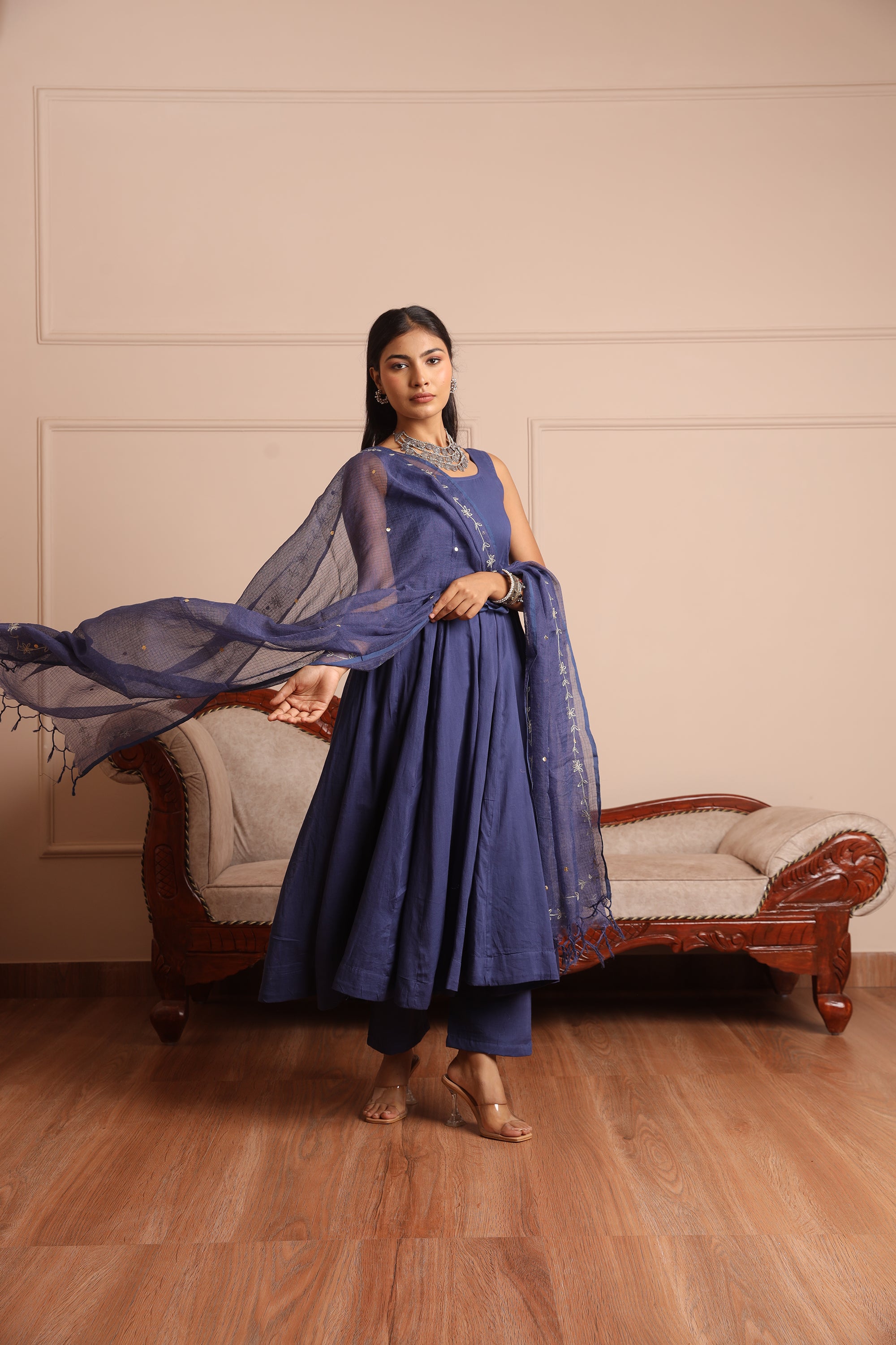 Blue Mulmul Anarkali Set - Asrumo