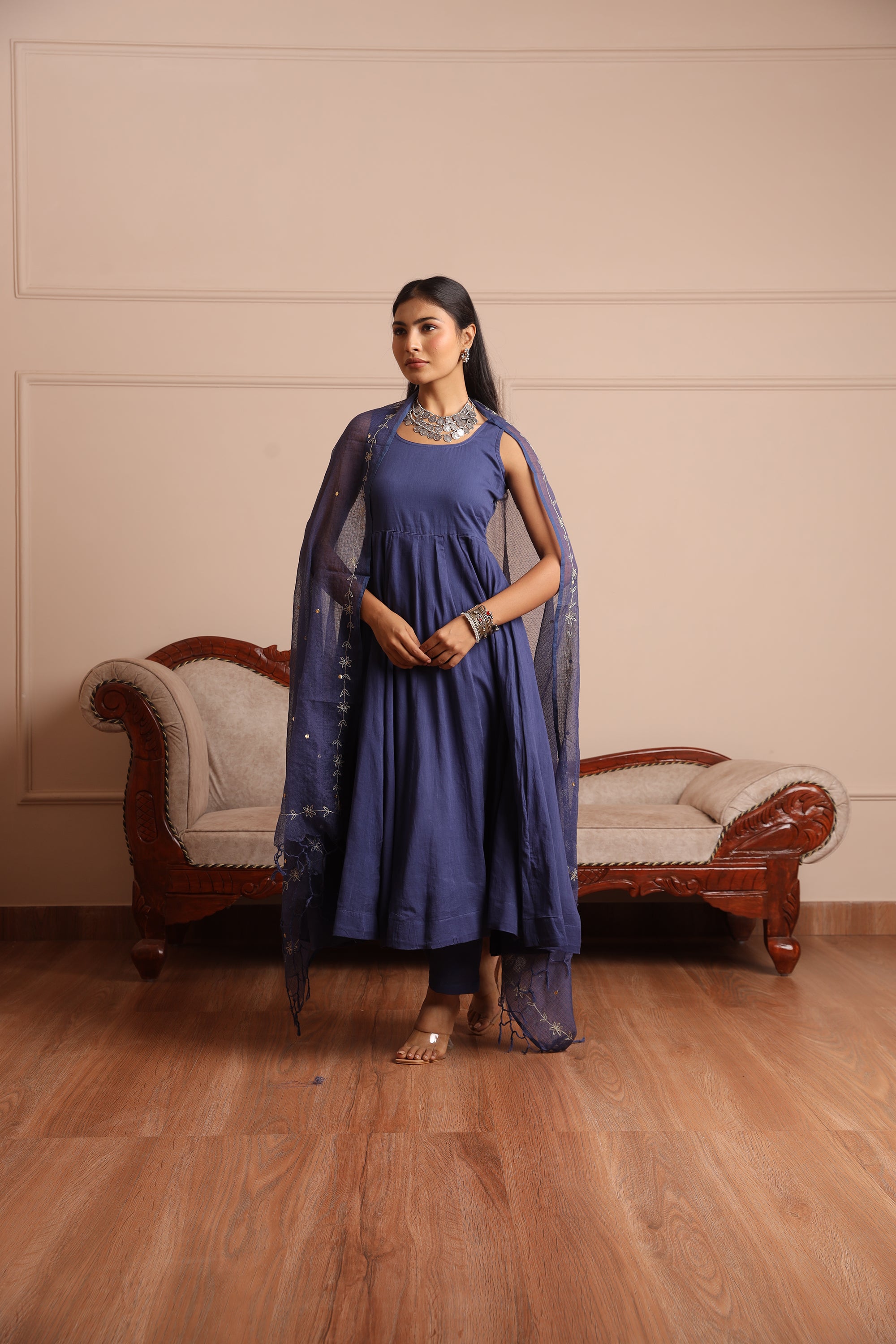 Blue Mulmul Anarkali Set - Asrumo