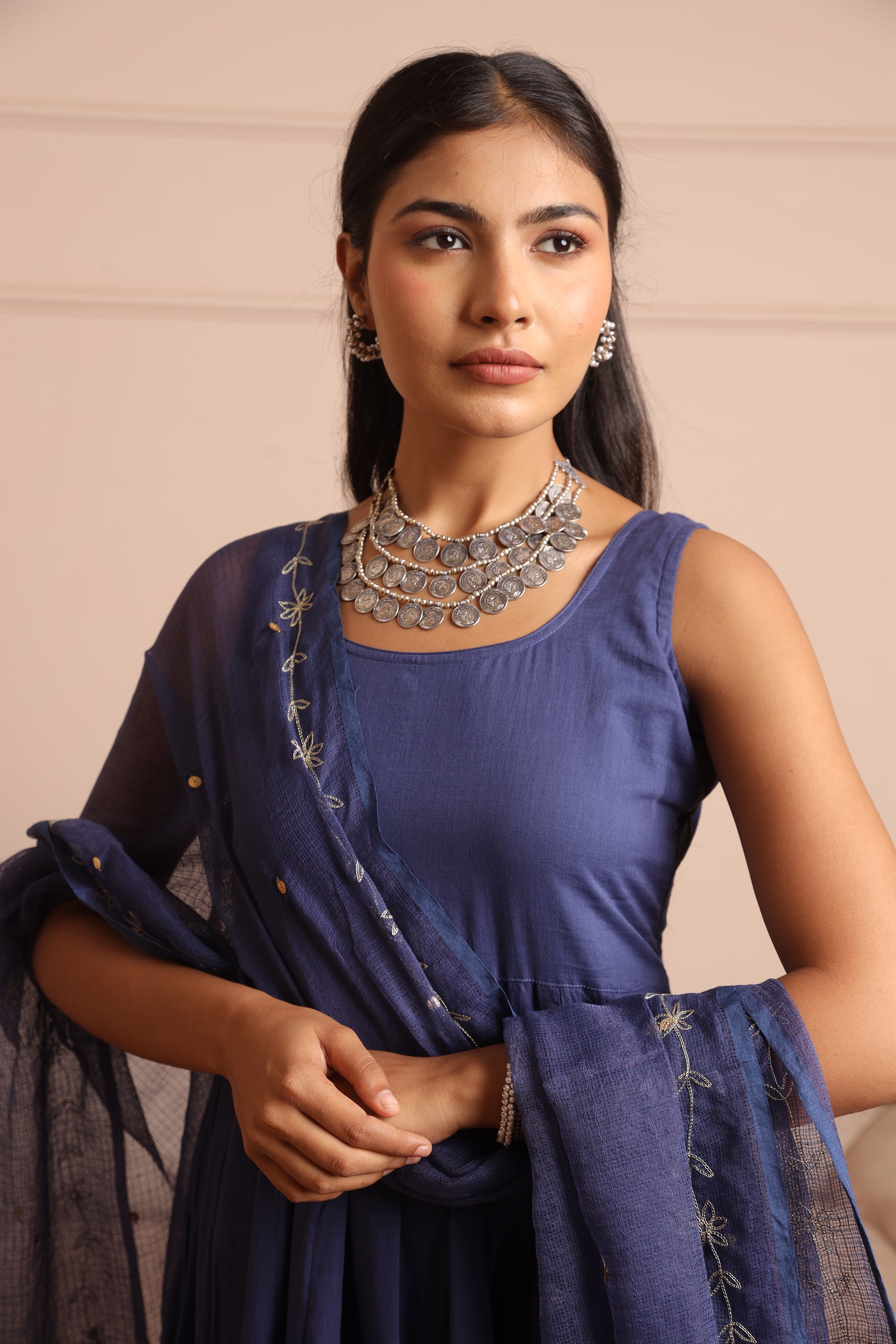 Blue Mulmul Anarkali Set - Asrumo
