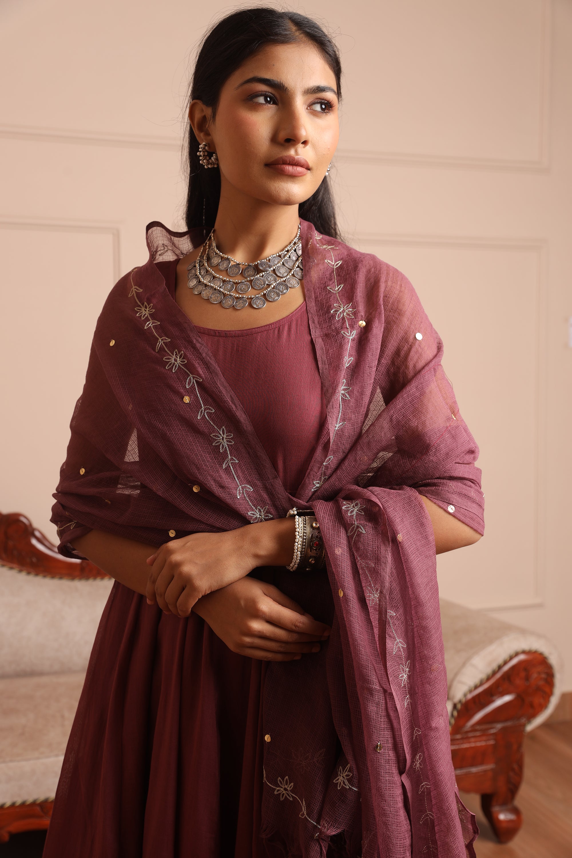 Wine Mulmul Anarkali Set - Asrumo