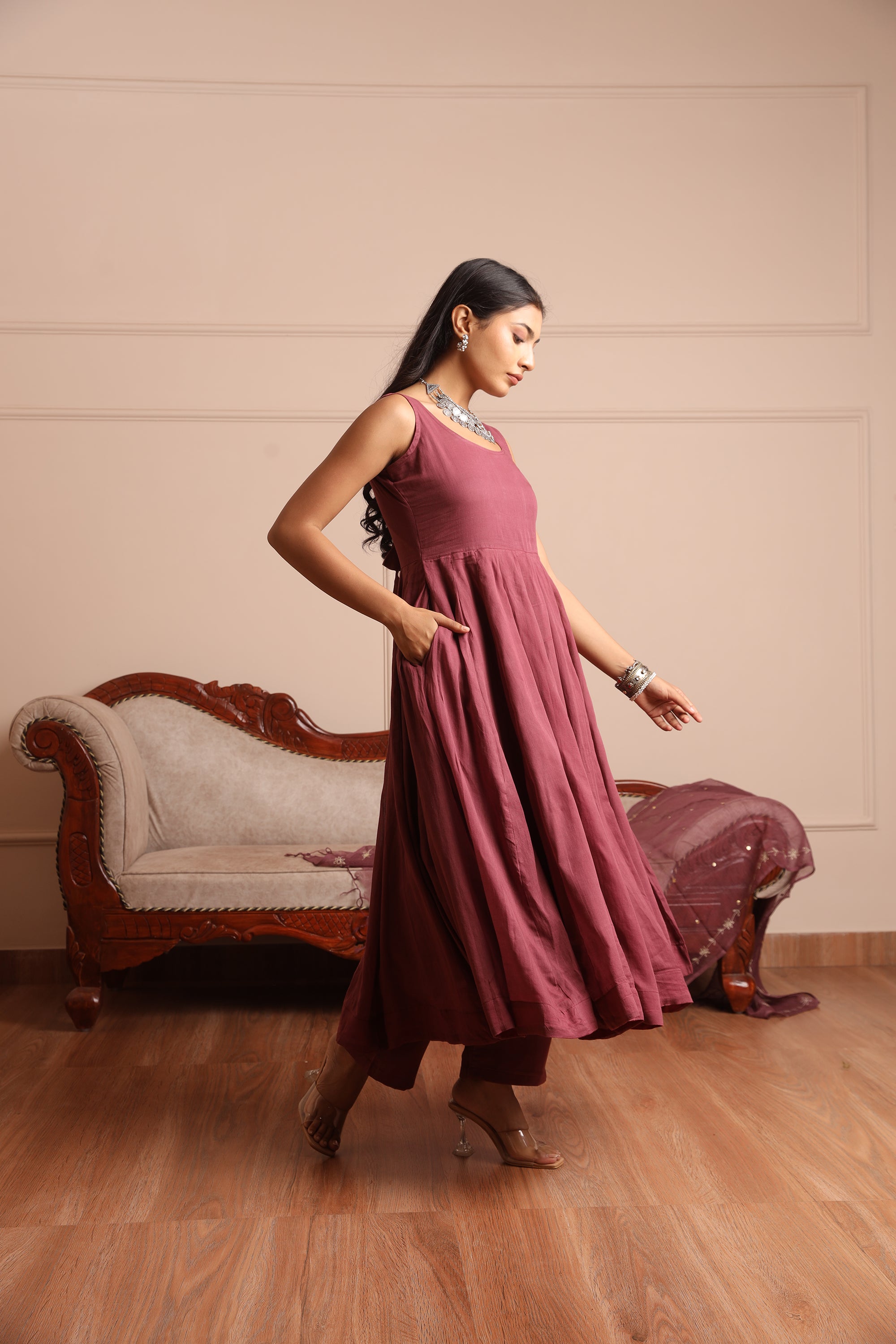 Wine Mulmul Anarkali Set - Asrumo