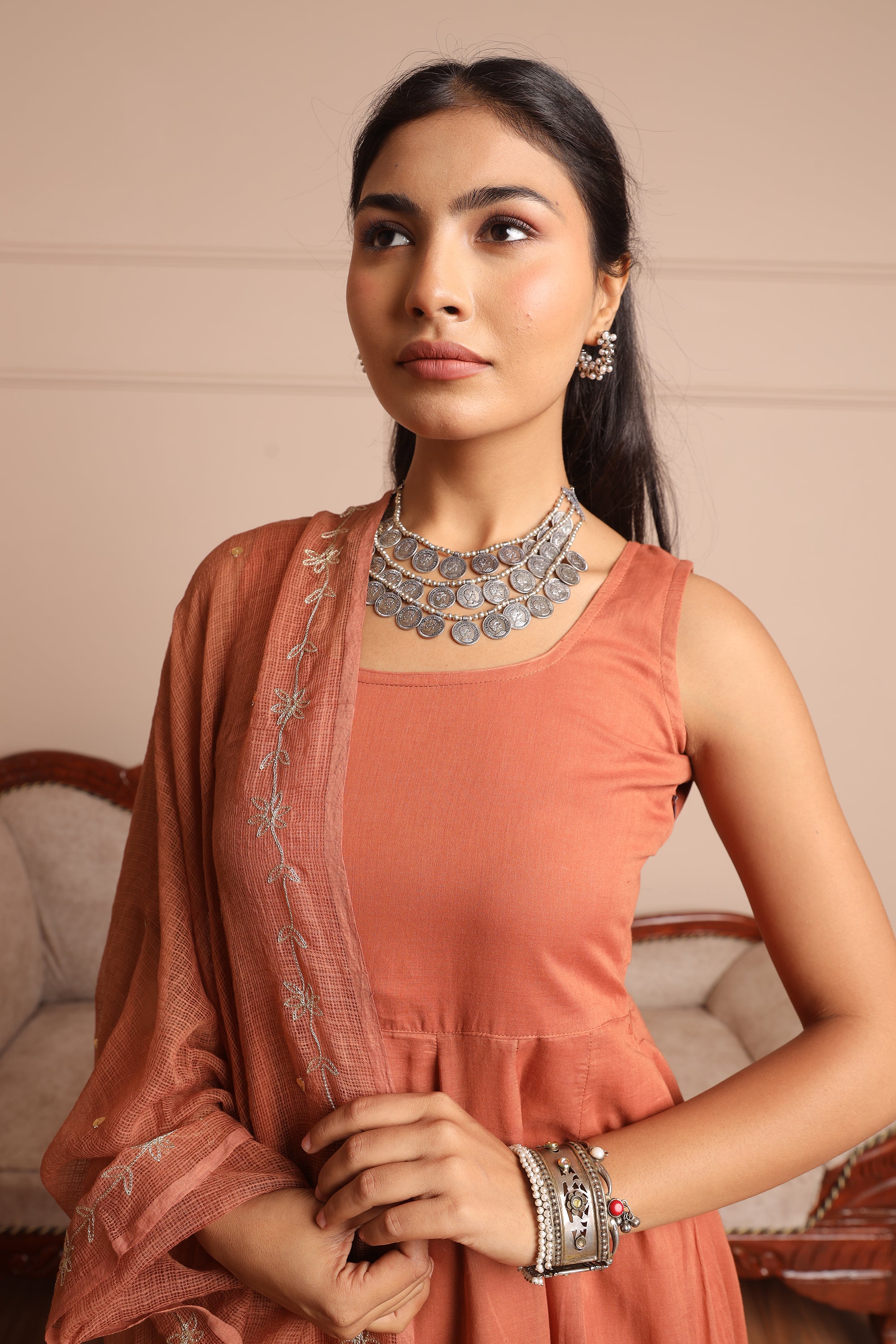Brown Mulmul Anarkali Set - Asrumo