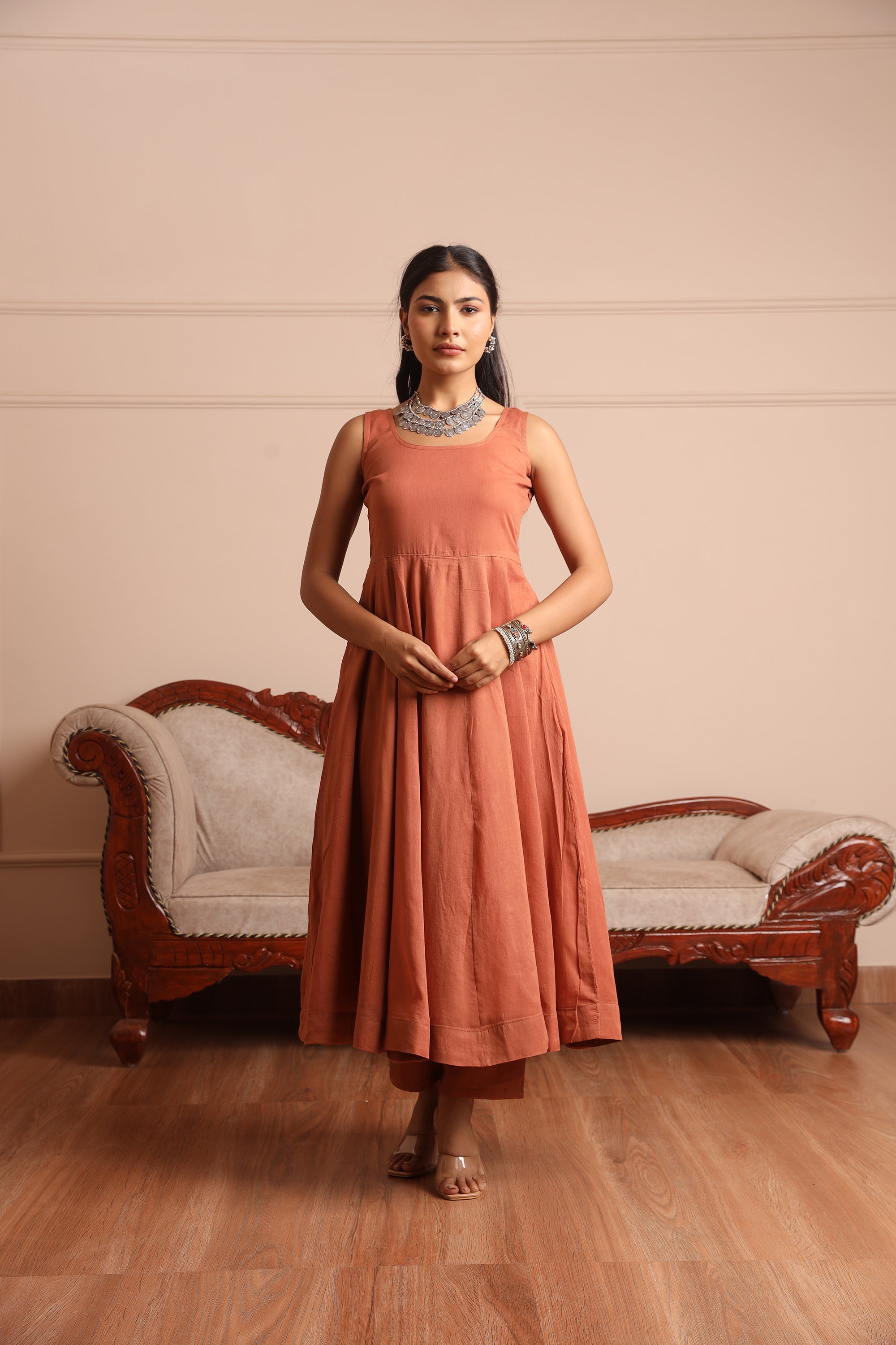 Brown Mulmul Anarkali Set - Asrumo