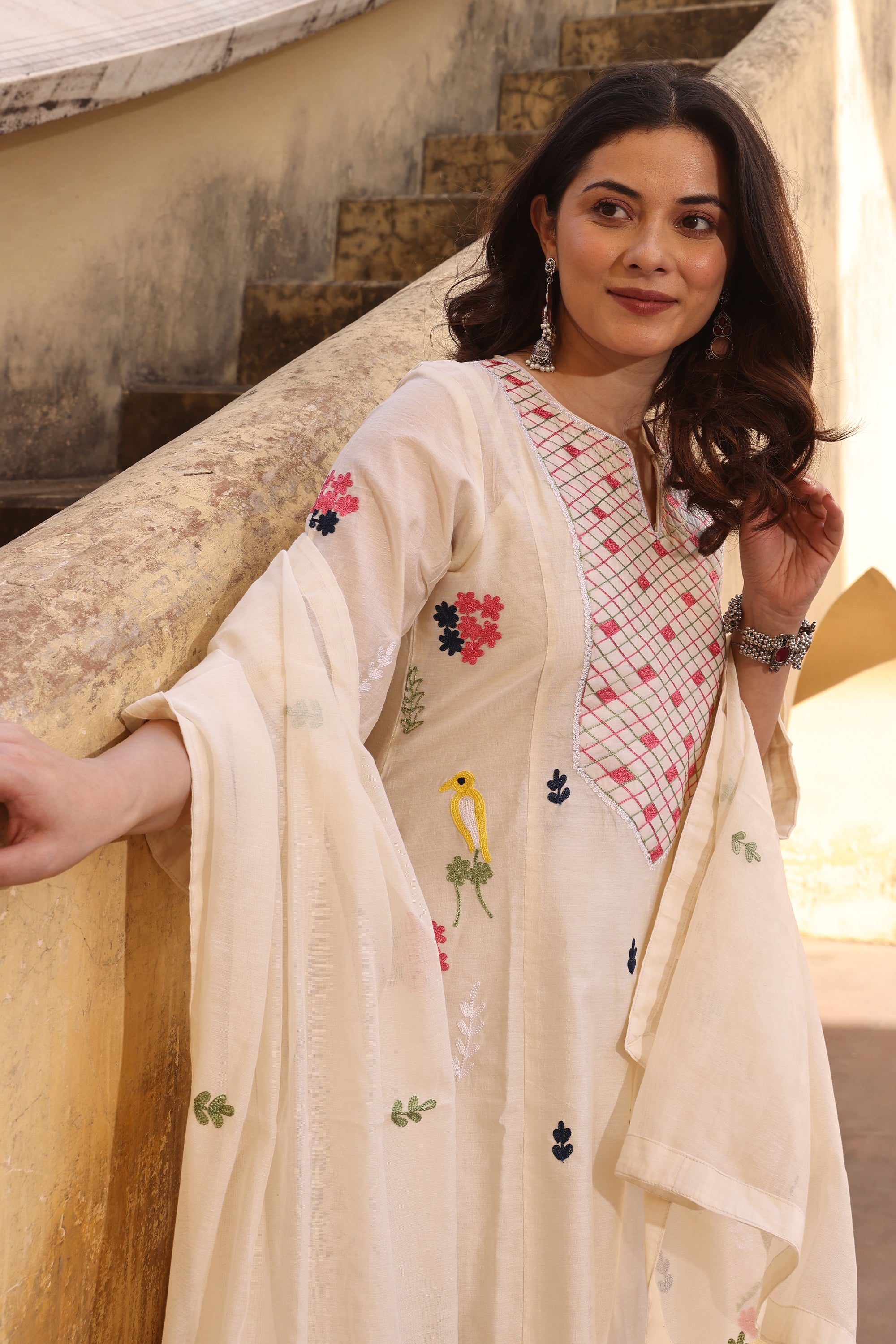 Off-White Chanderi Multi-Color Aari Embroidery Straight Set