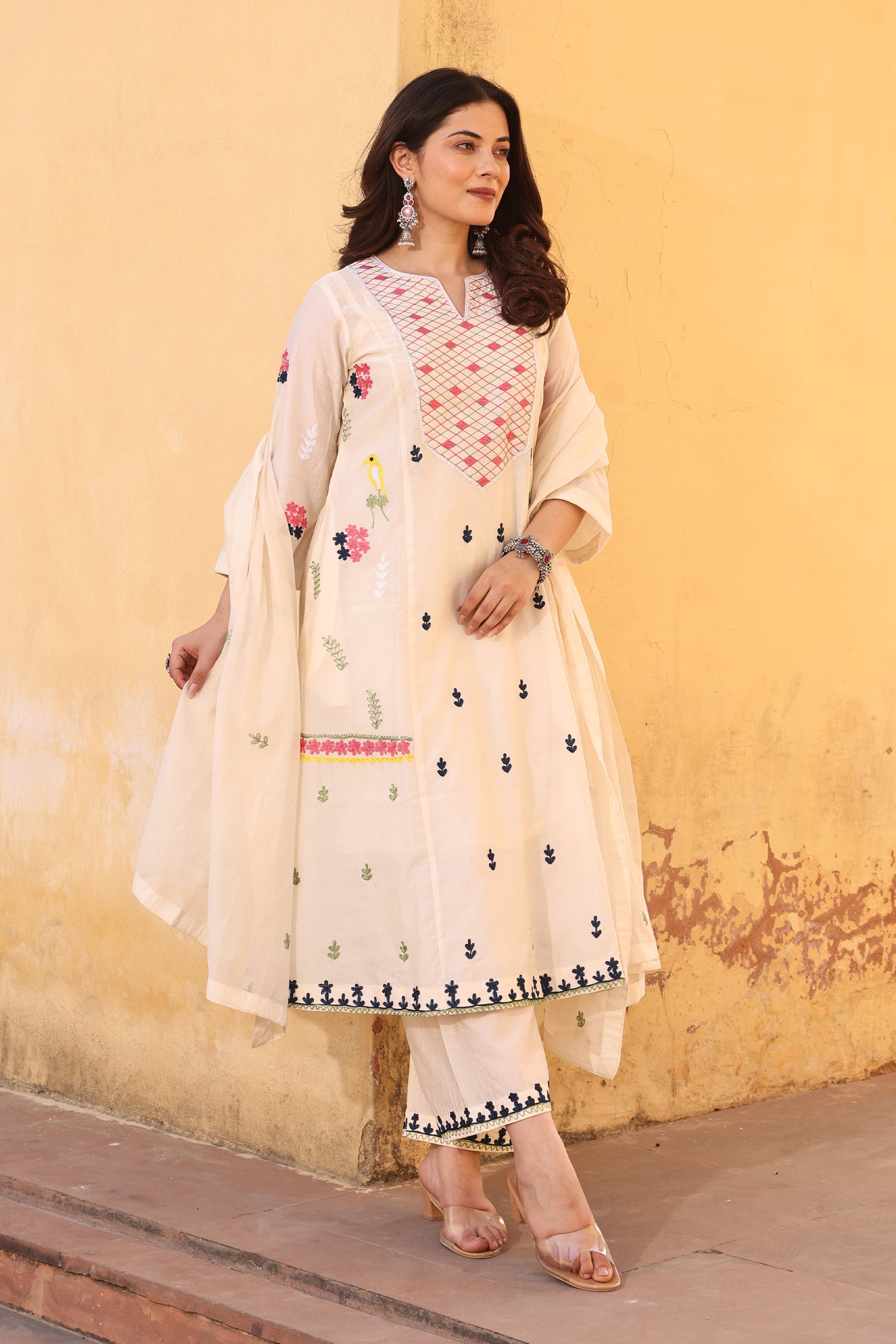 Off-White Chanderi Multi-Color Aari Embroidery Straight Set