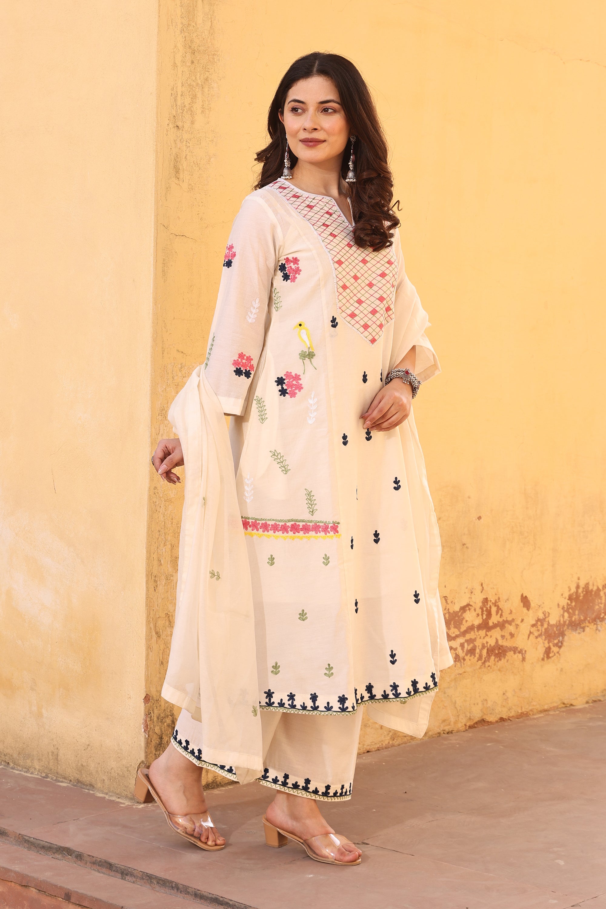 Off-White Chanderi Multi-Color Aari Embroidery Straight Set