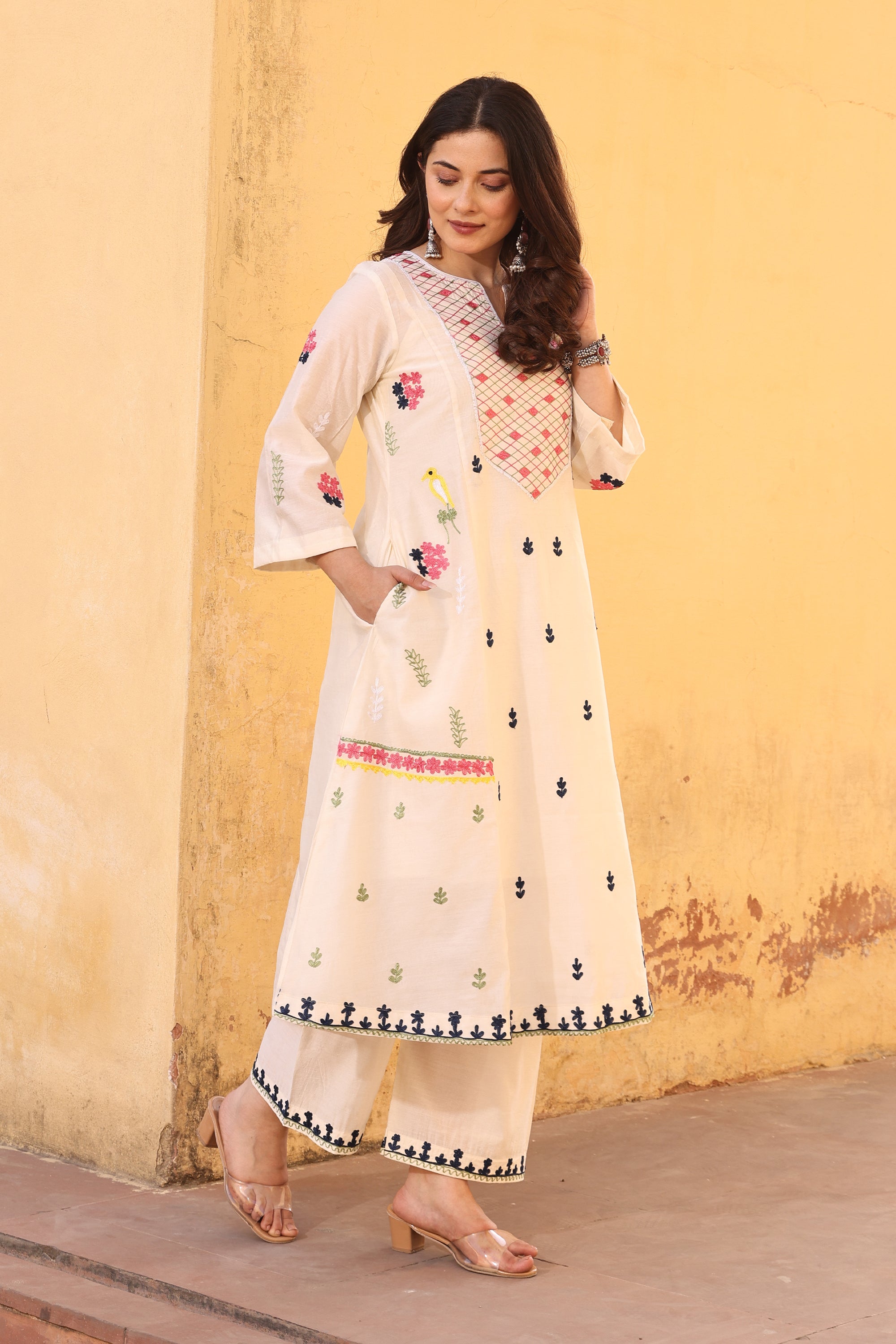 Off-White Chanderi Multi-Color Aari Embroidery Straight Set