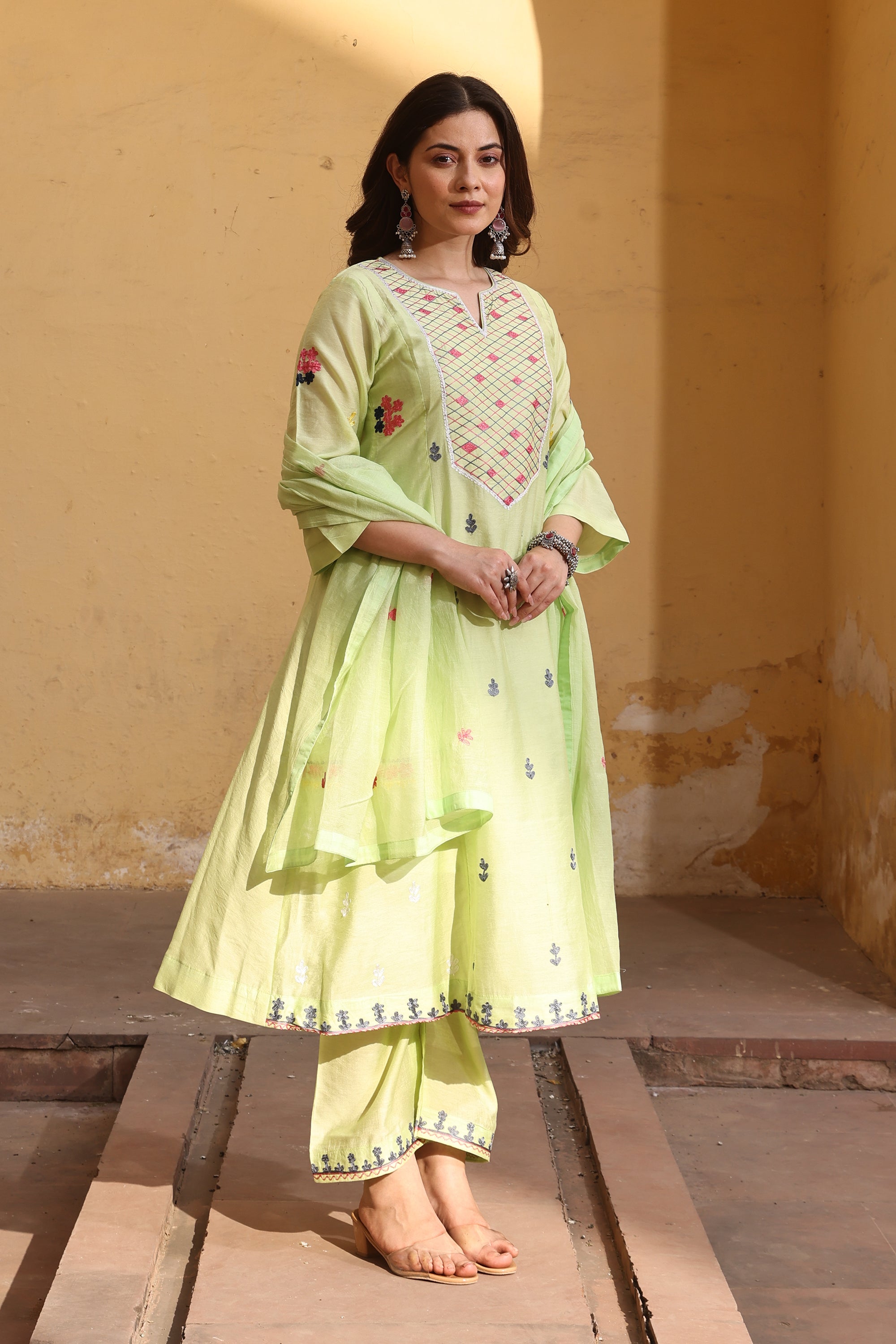 Pista Chanderi Multi-Color Aari Embroidery Straight Set