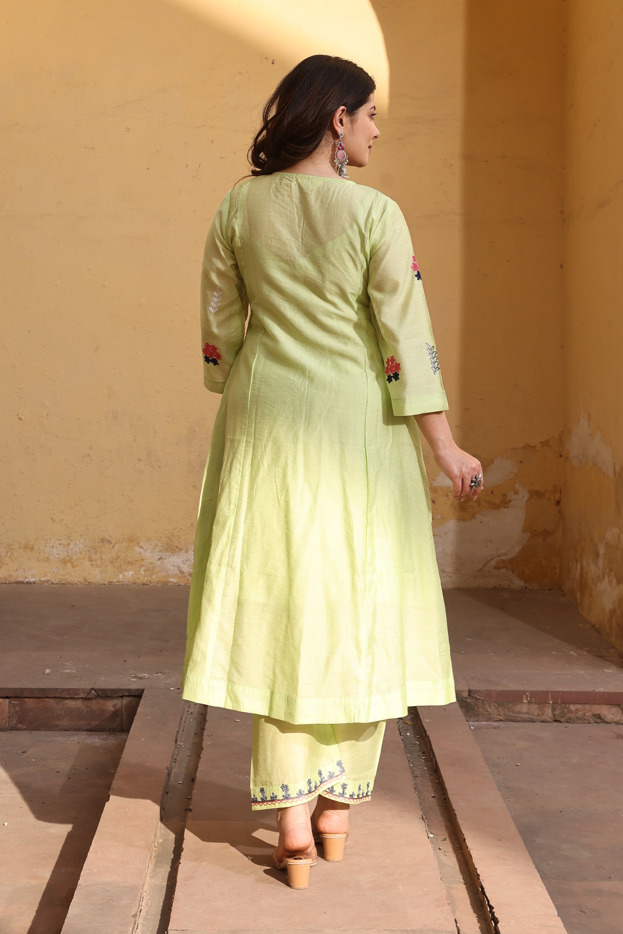 Pista Chanderi Multi-Color Aari Embroidery Straight Set