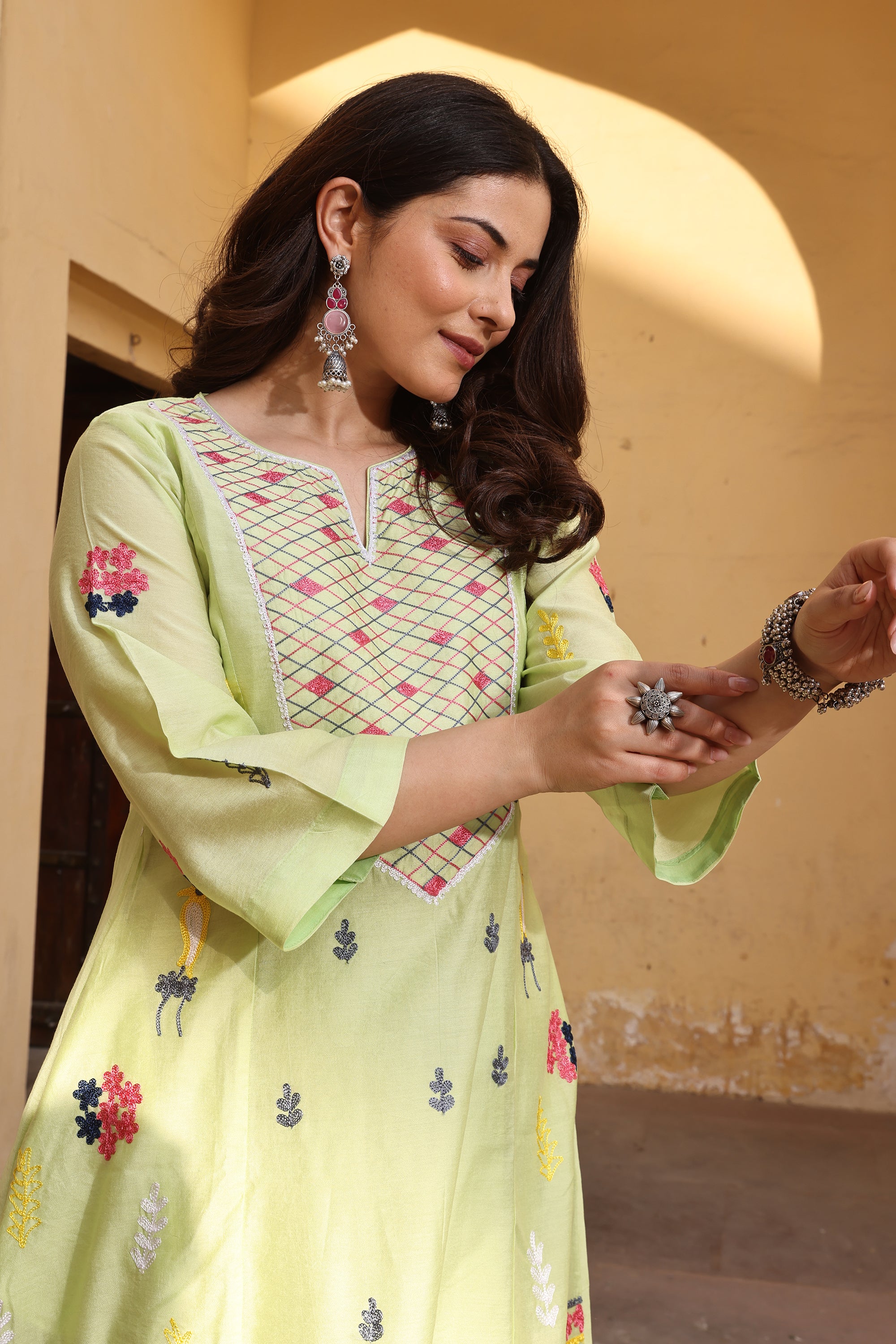 Pista Chanderi Multi-Color Aari Embroidery Straight Set