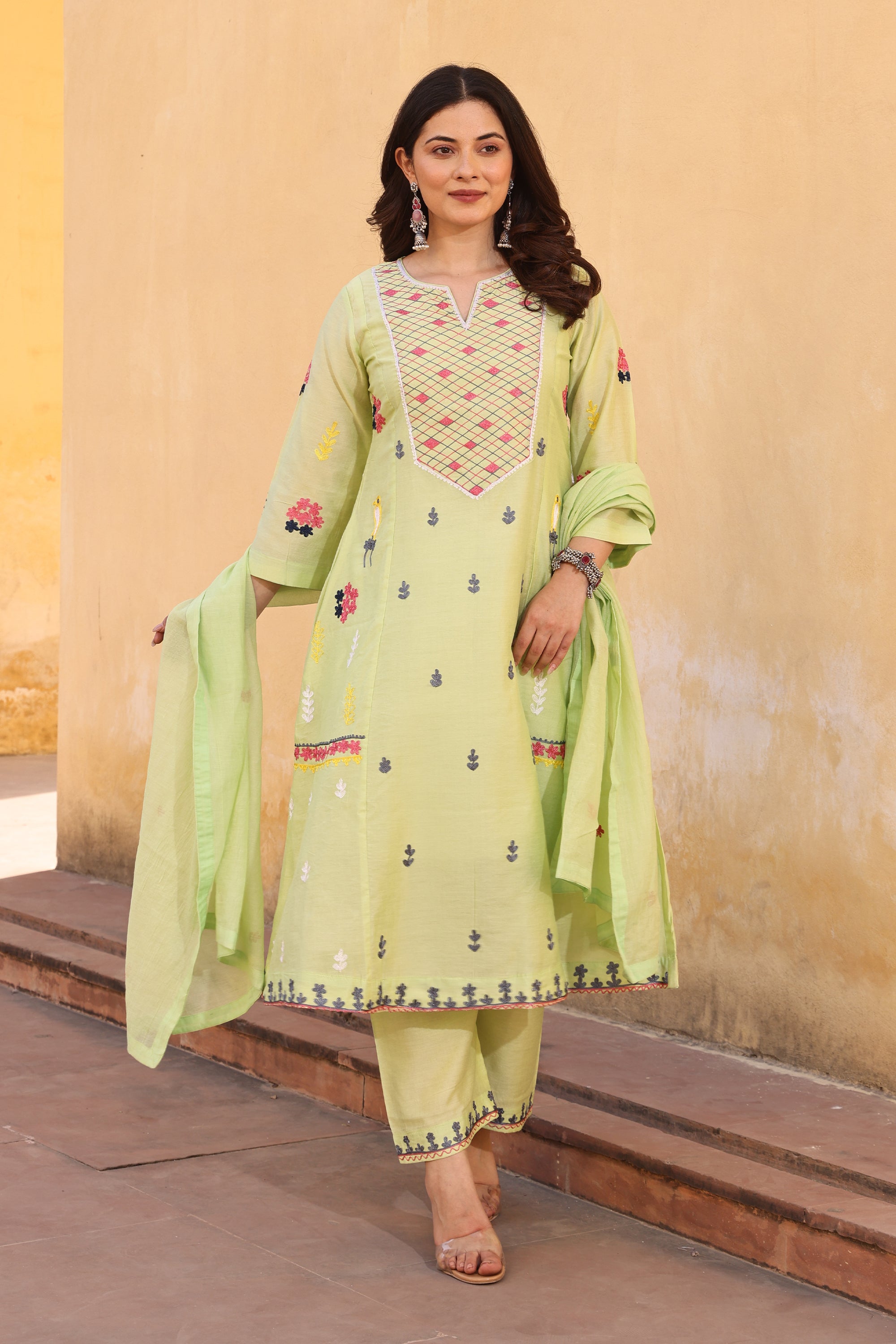 Pista Chanderi Multi-Color Aari Embroidery Straight Set