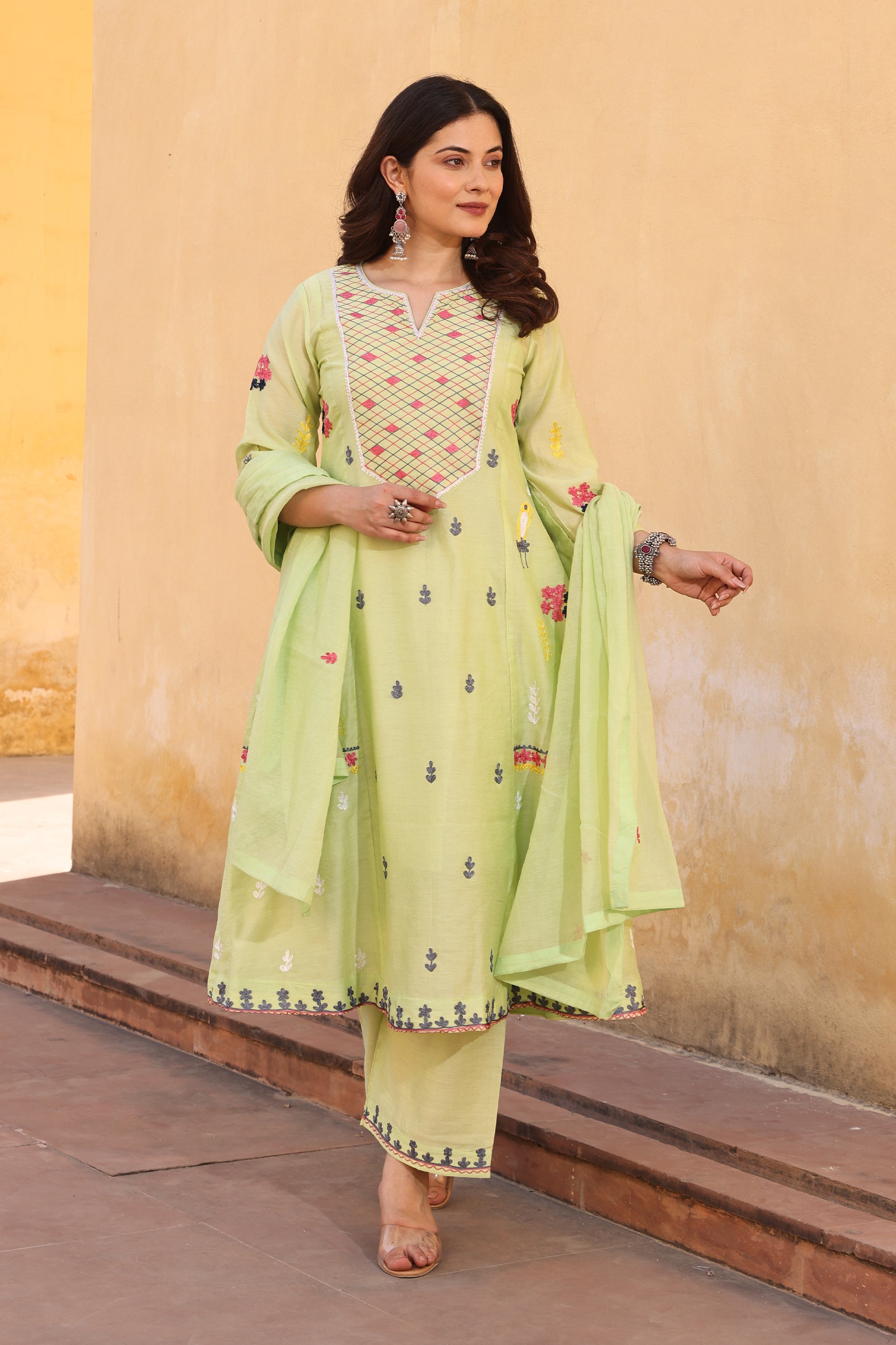 Pista Chanderi Multi-Color Aari Embroidery Straight Set