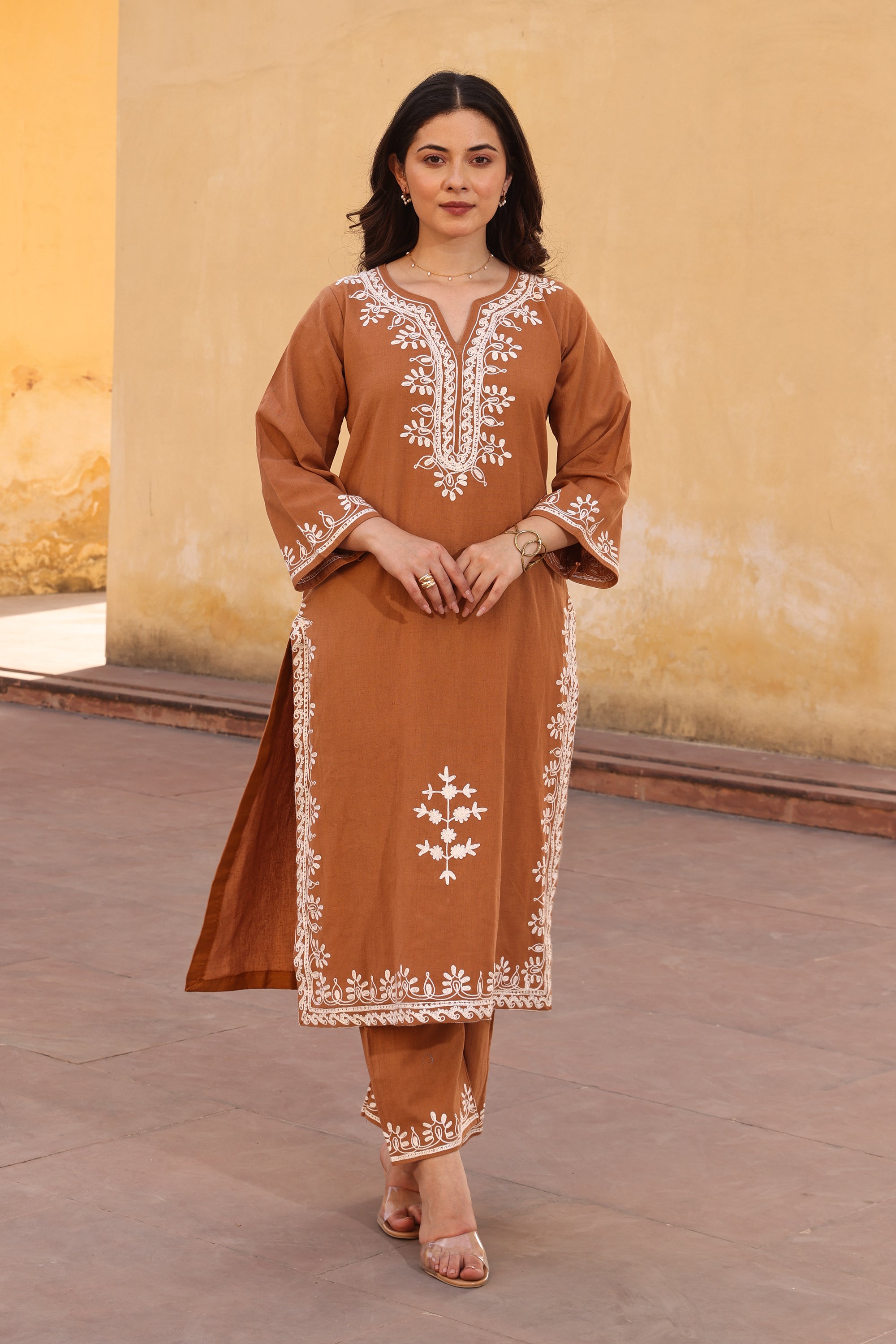 Brown Slub Cotton White Aari Embroidery Straight Set