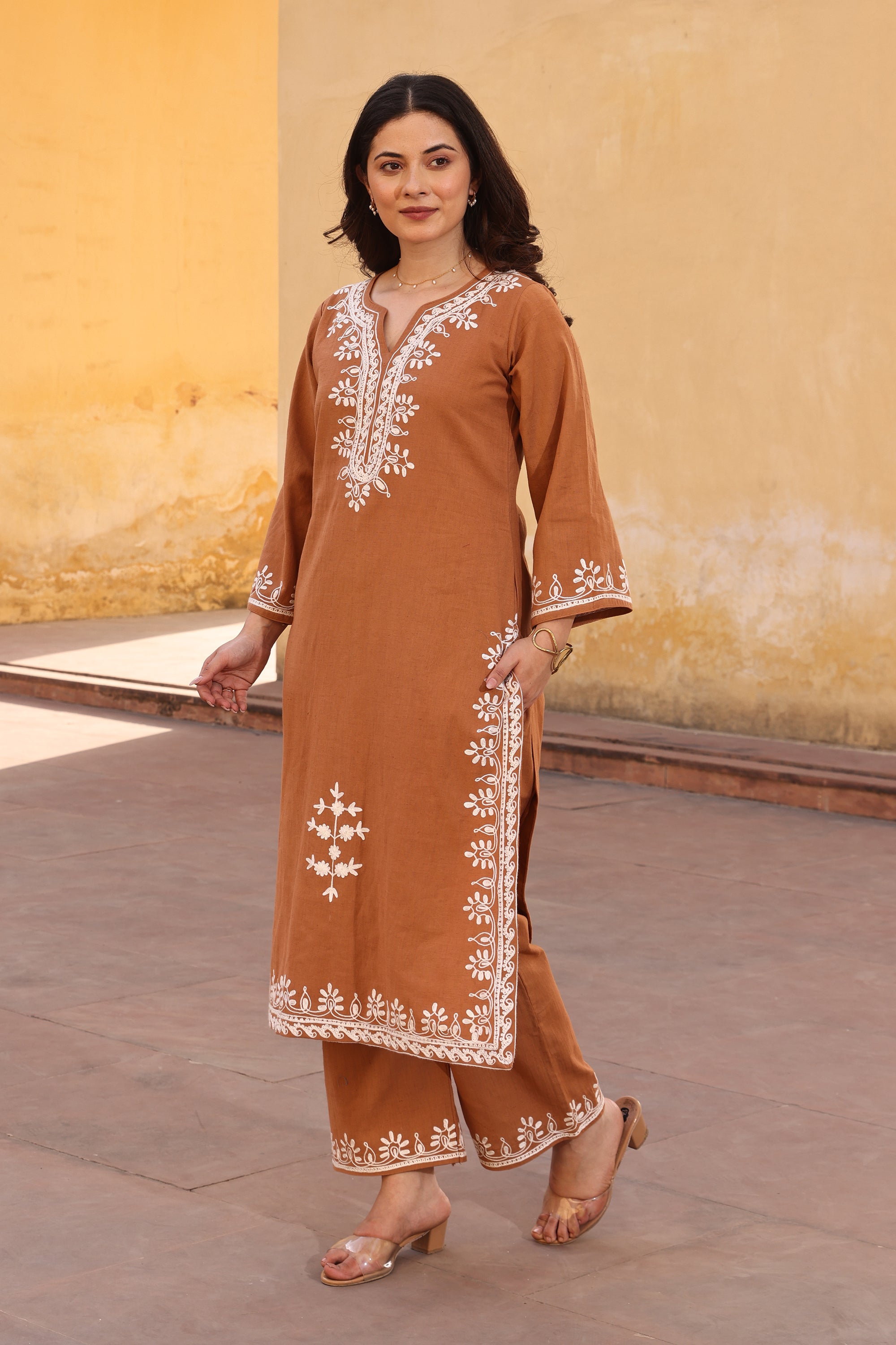 Brown Slub Cotton White Aari Embroidery Straight Set