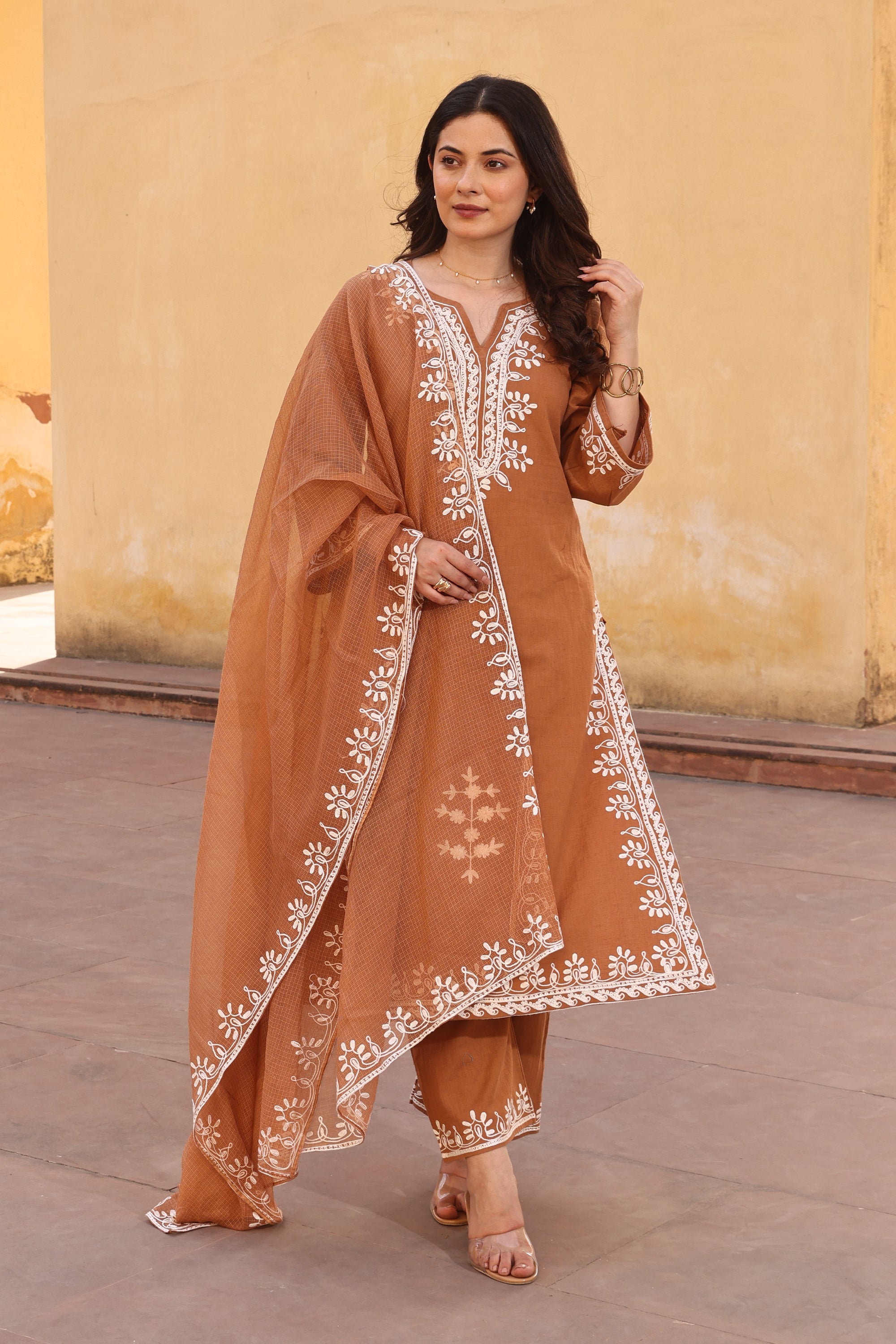 Brown Slub Cotton White Aari Embroidery Straight Set