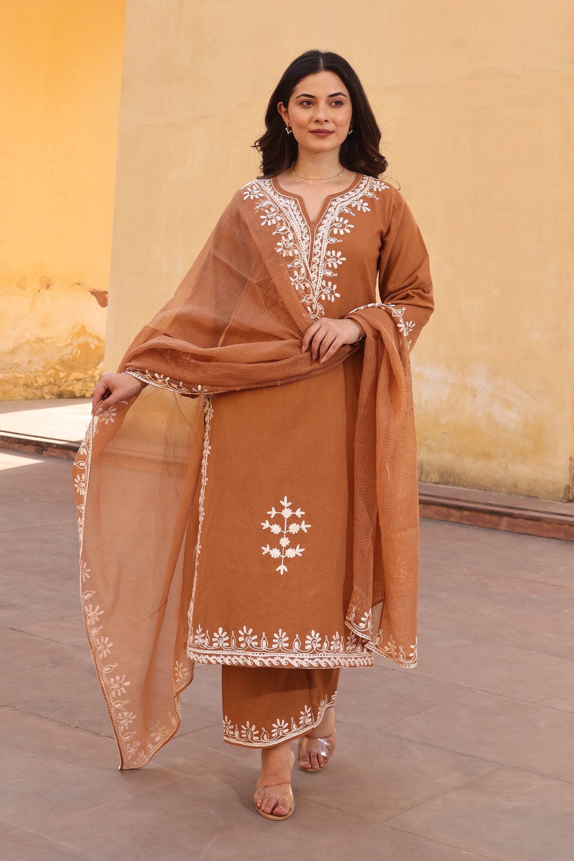 Brown Slub Cotton White Aari Embroidery Straight Set