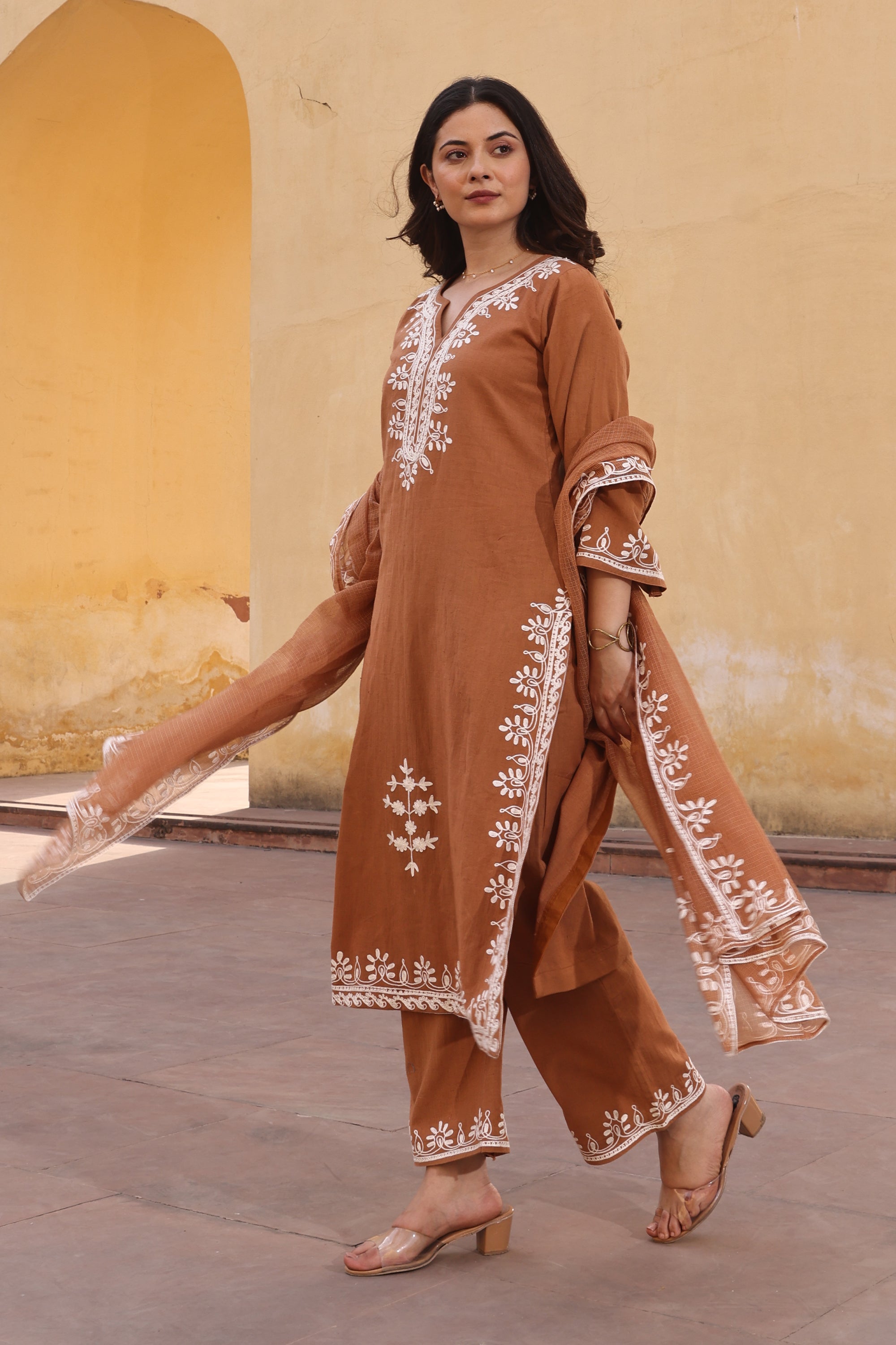 Brown Slub Cotton White Aari Embroidery Straight Set
