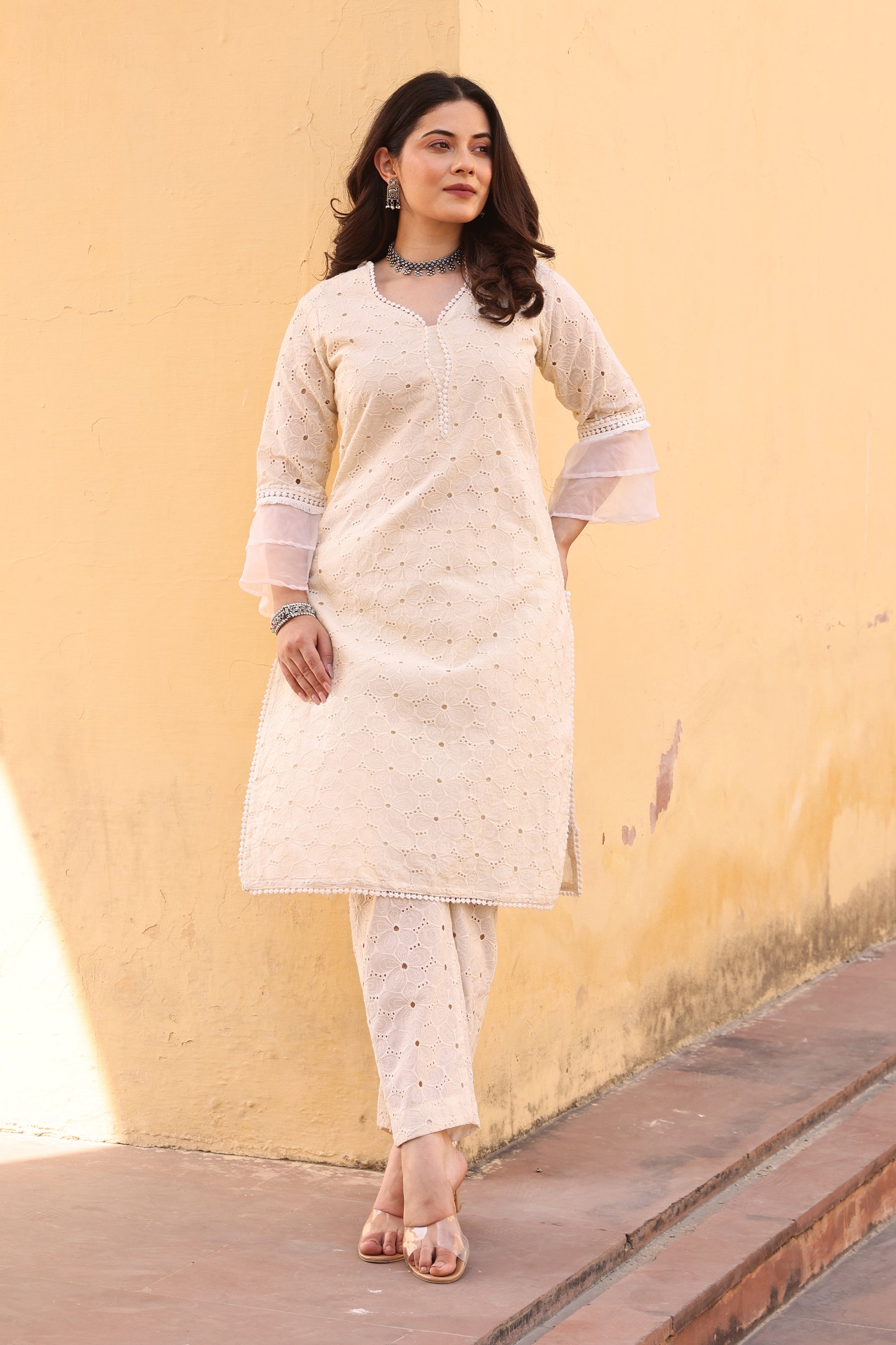 Off White Cotton Flower Jaali Schiffly Straight Set