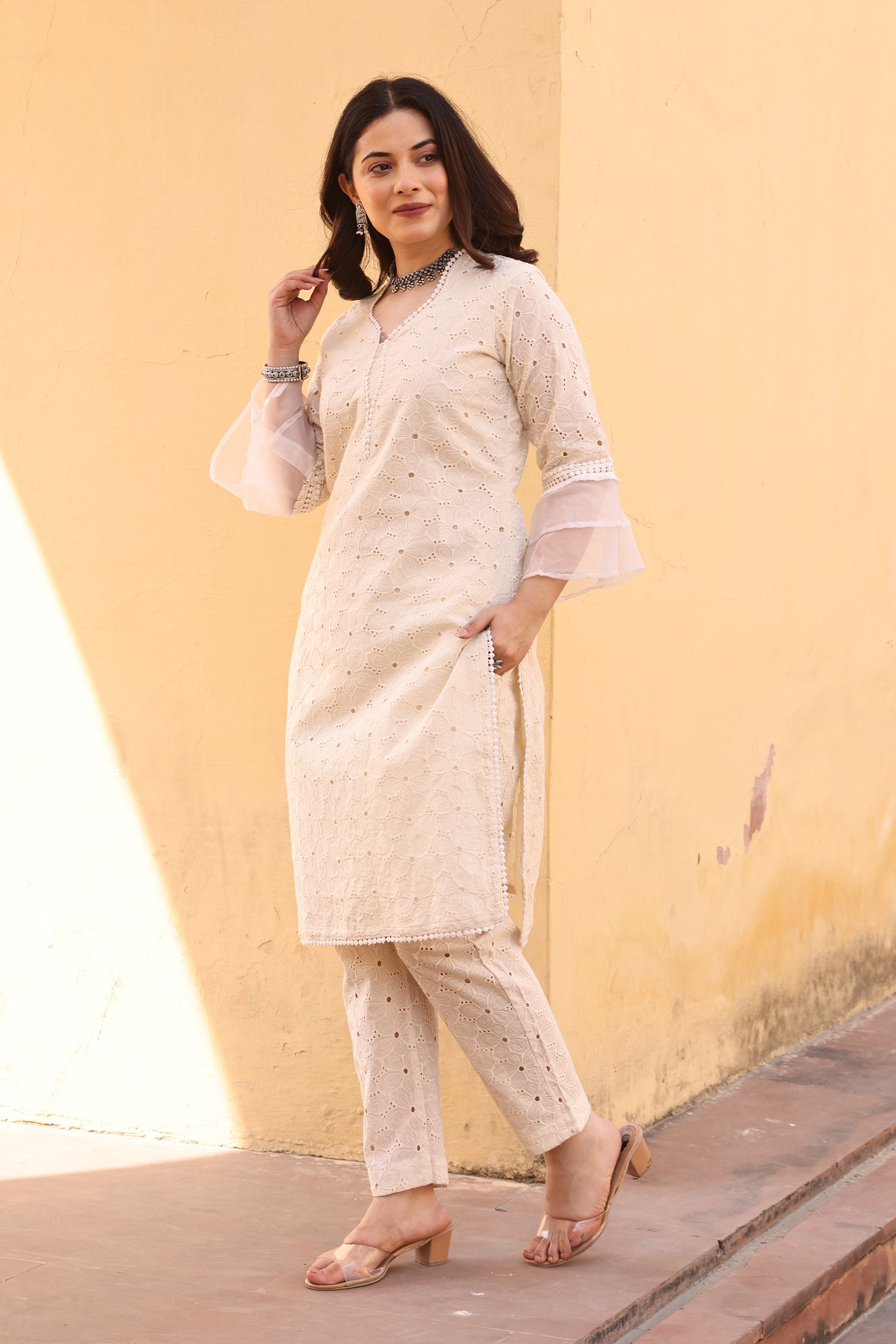 Off White Cotton Flower Jaali Schiffly Straight Set