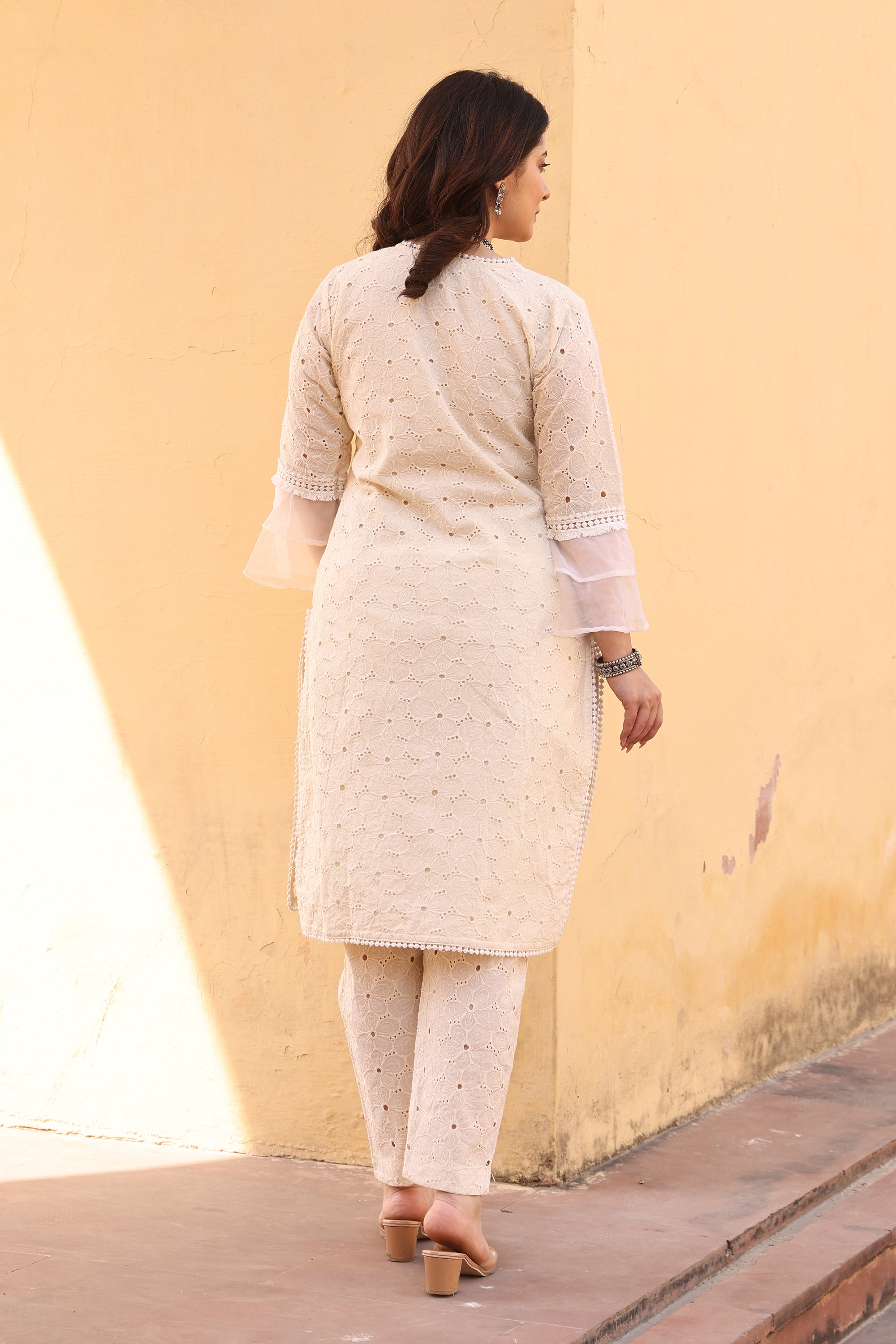 Off White Cotton Flower Jaali Schiffly Straight Set