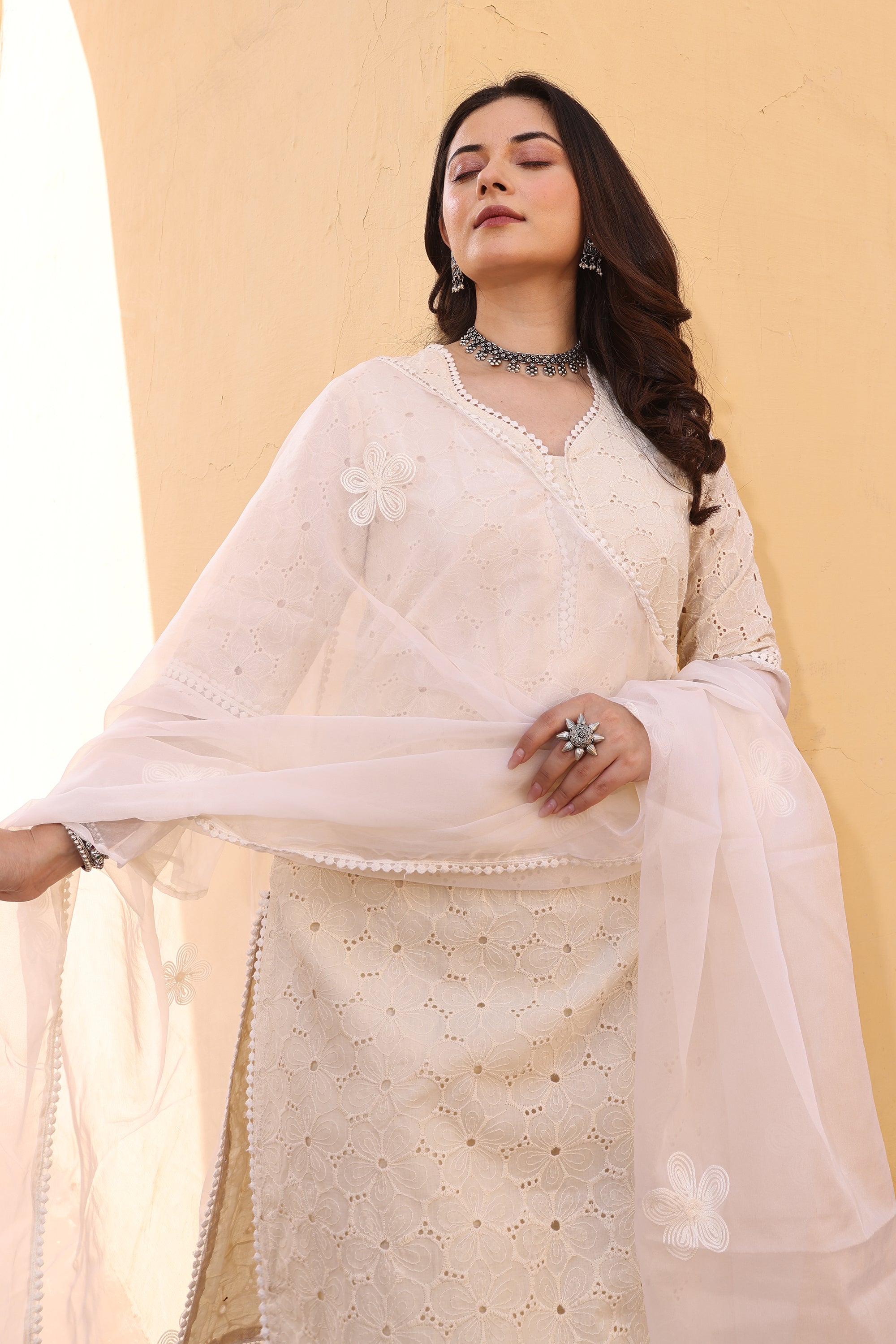 Off White Cotton Flower Jaali Schiffly Straight Set