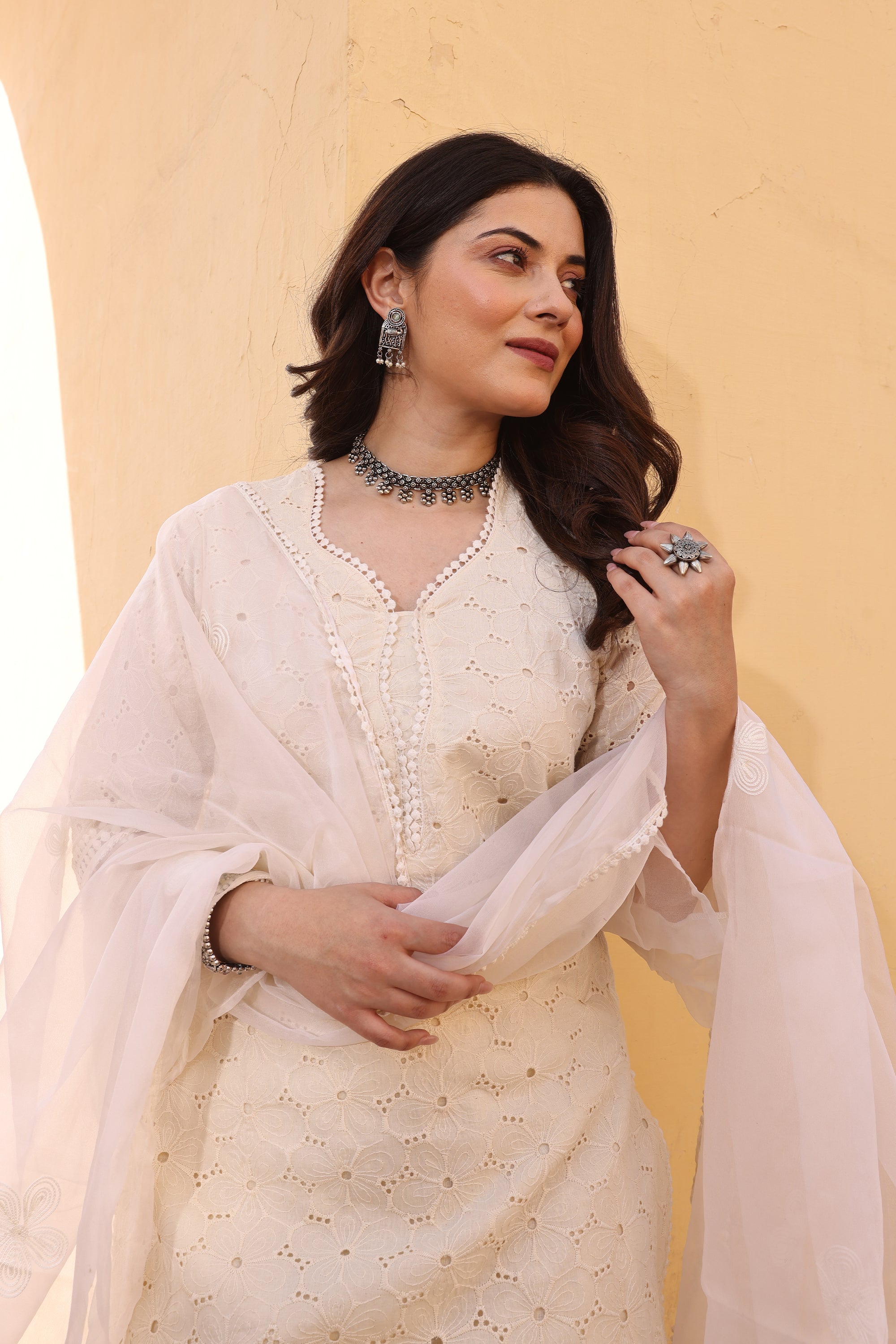 Off White Cotton Flower Jaali Schiffly Straight Set