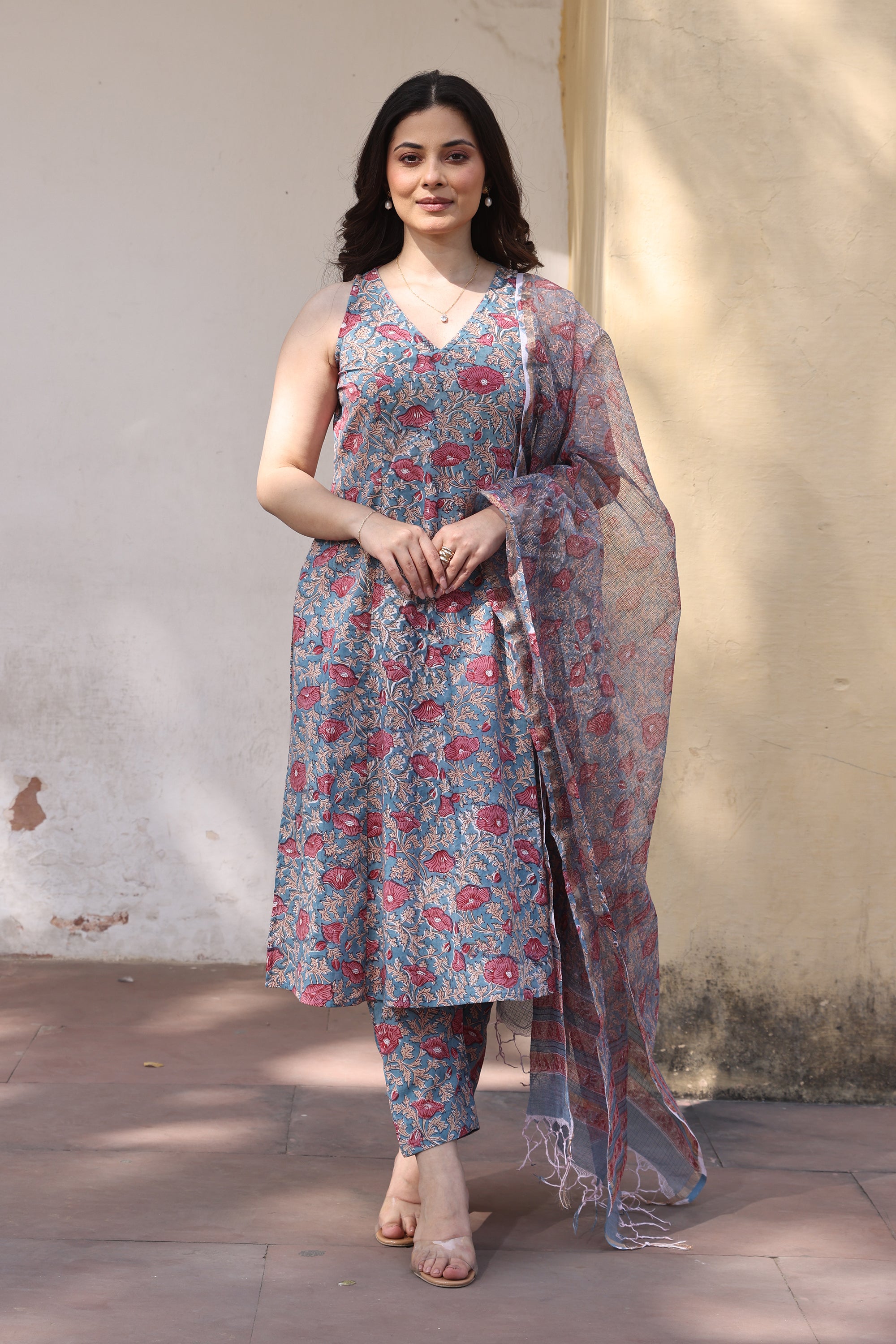 Blue Red Jaali Handblock Print Cotton Suit Set