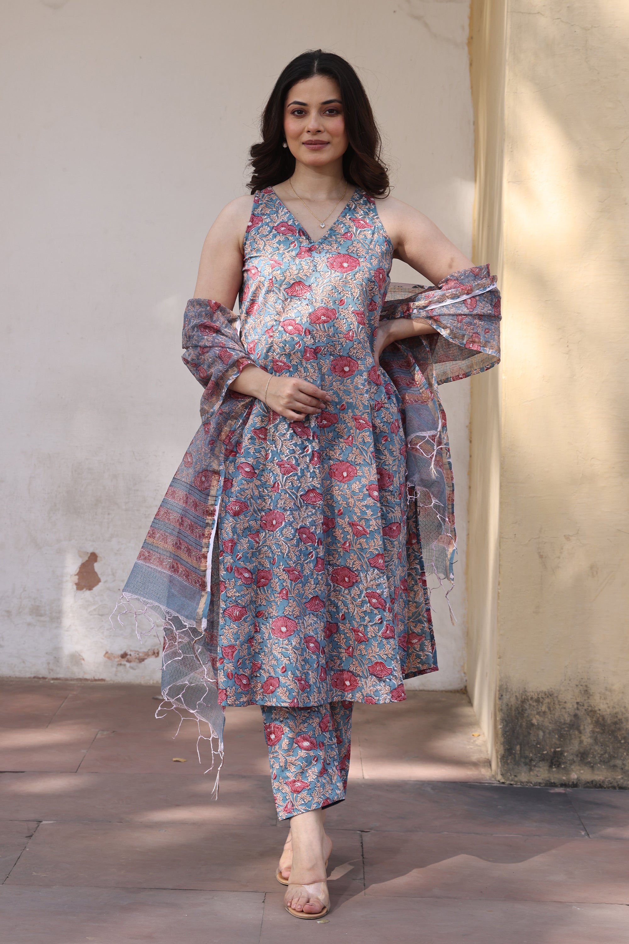 Blue Red Jaali Handblock Print Cotton Suit Set