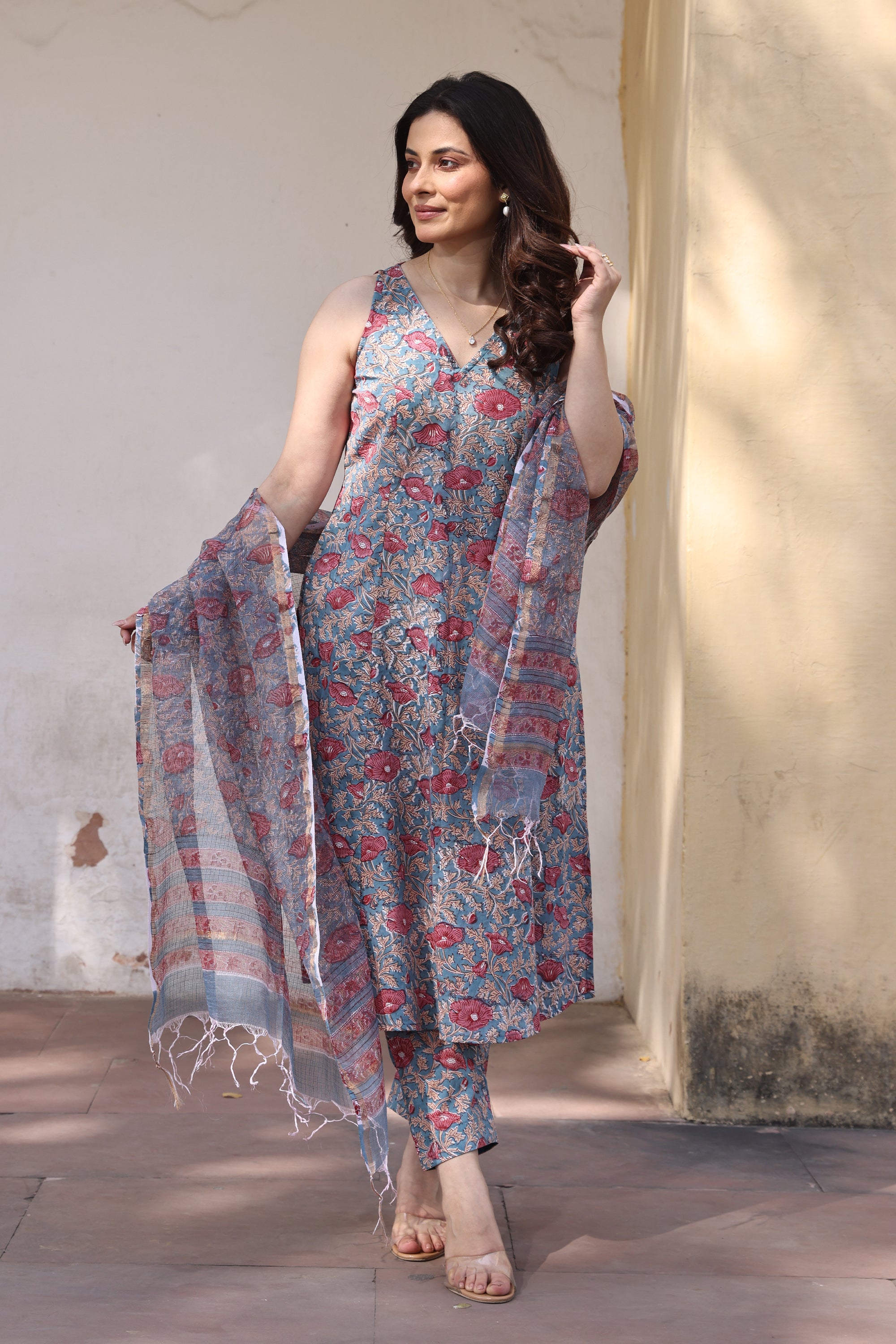 Blue Red Jaali Handblock Print Cotton Suit Set