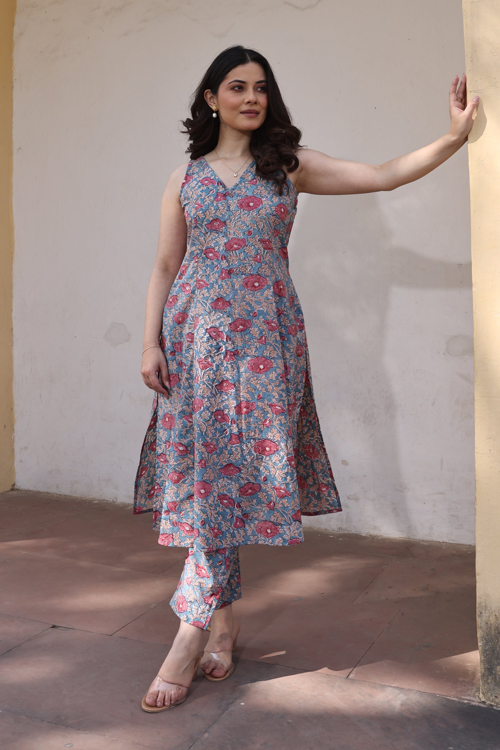 Blue Red Jaali Handblock Print Cotton Suit Set