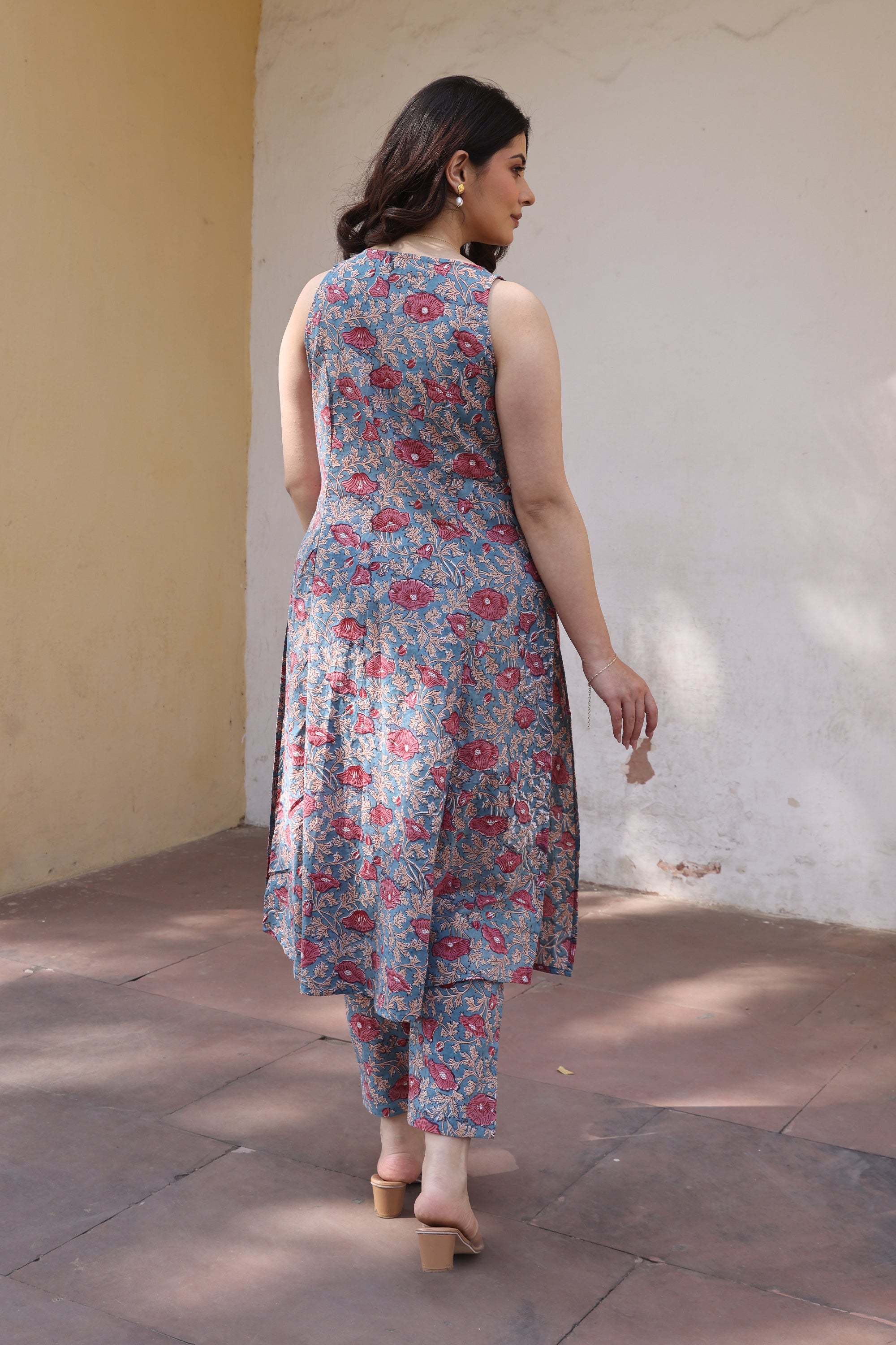 Blue Red Jaali Handblock Print Cotton Suit Set