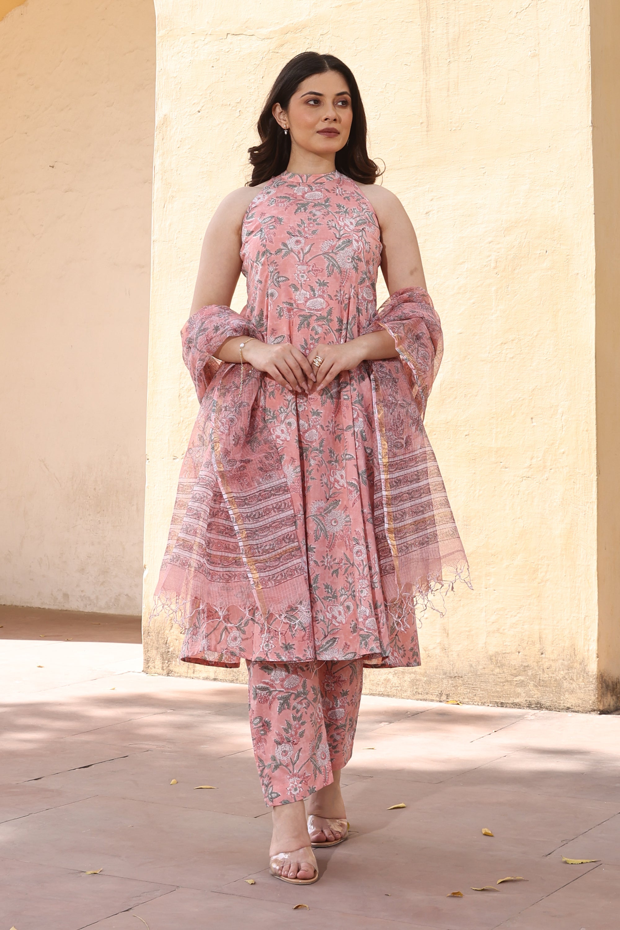 Peach Jaali Handblock Print Cotton Suit Set
