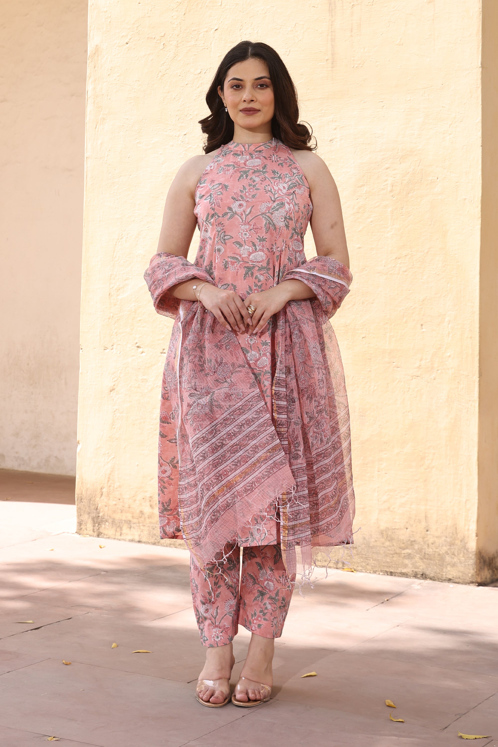 Peach Jaali Handblock Print Cotton Suit Set