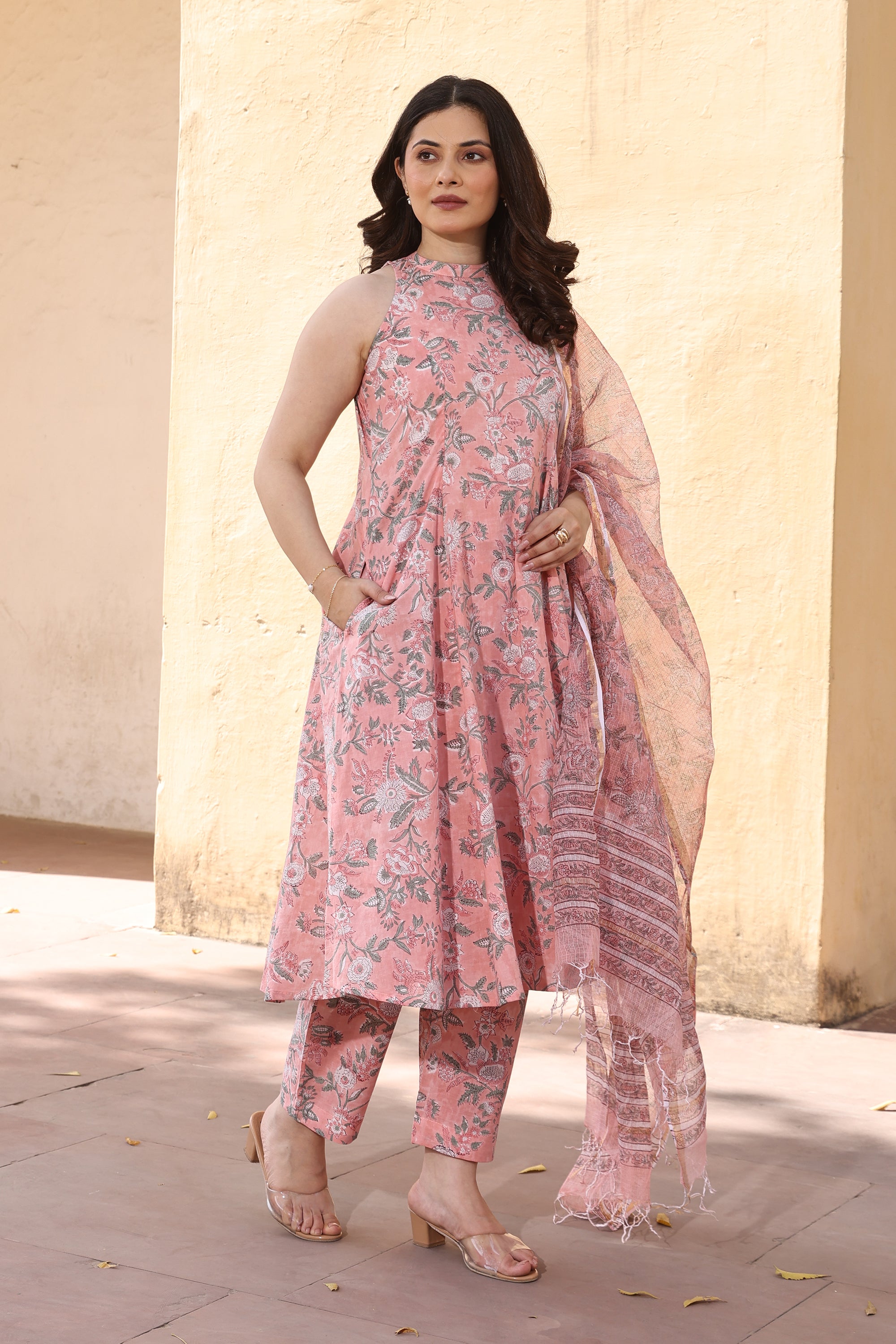 Peach Jaali Handblock Print Cotton Suit Set