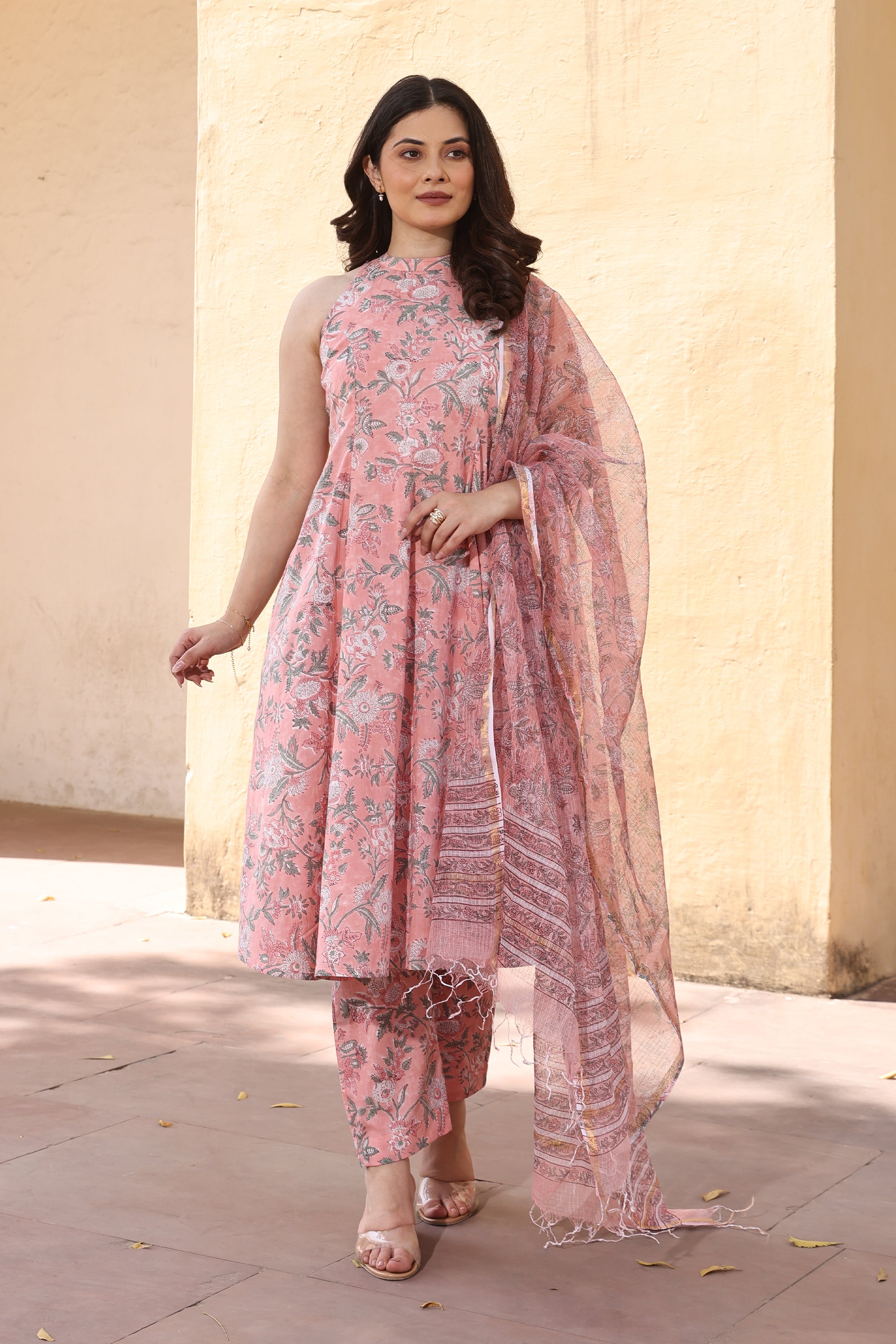 Peach Jaali Handblock Print Cotton Suit Set