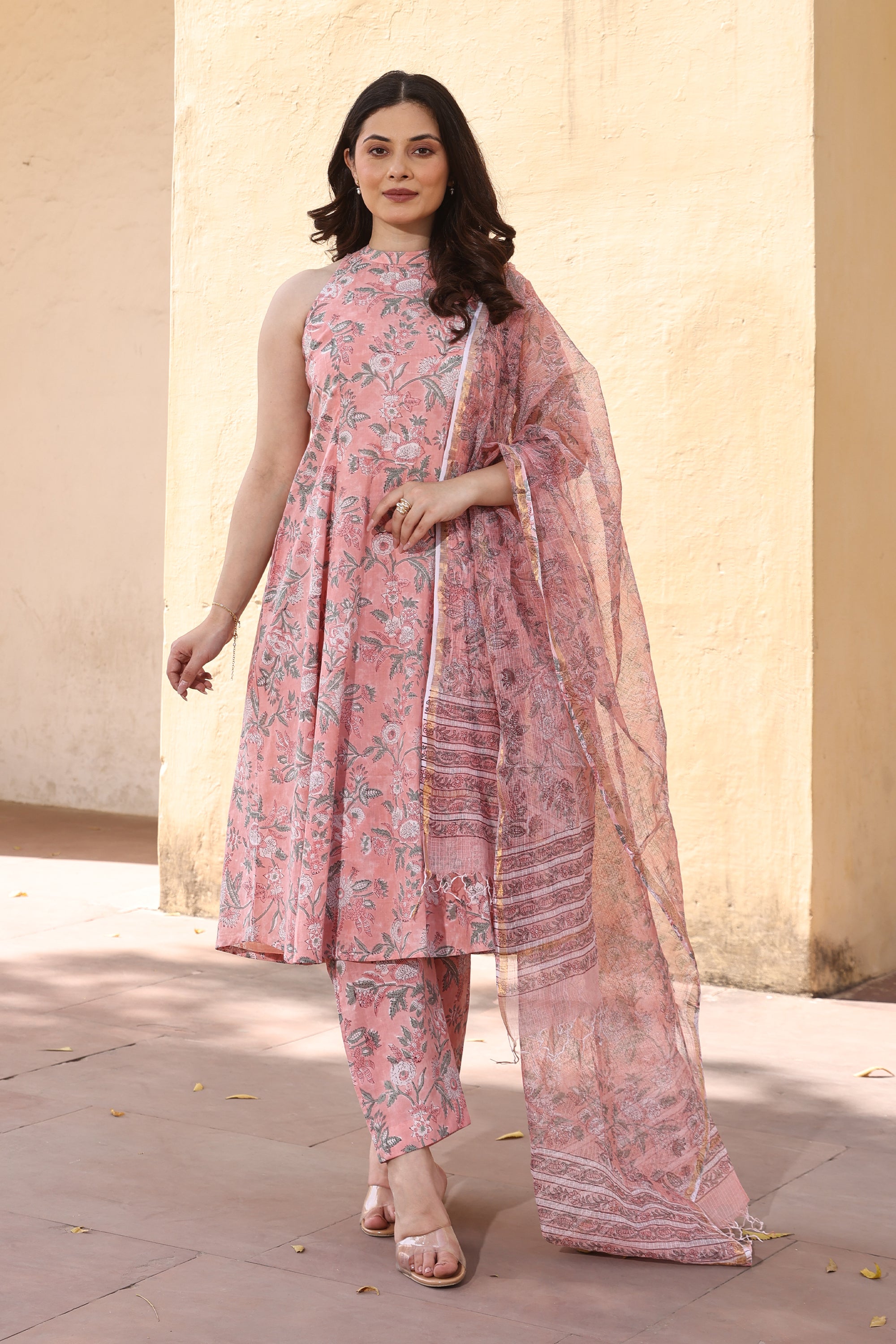 Peach Jaali Handblock Print Cotton Suit Set