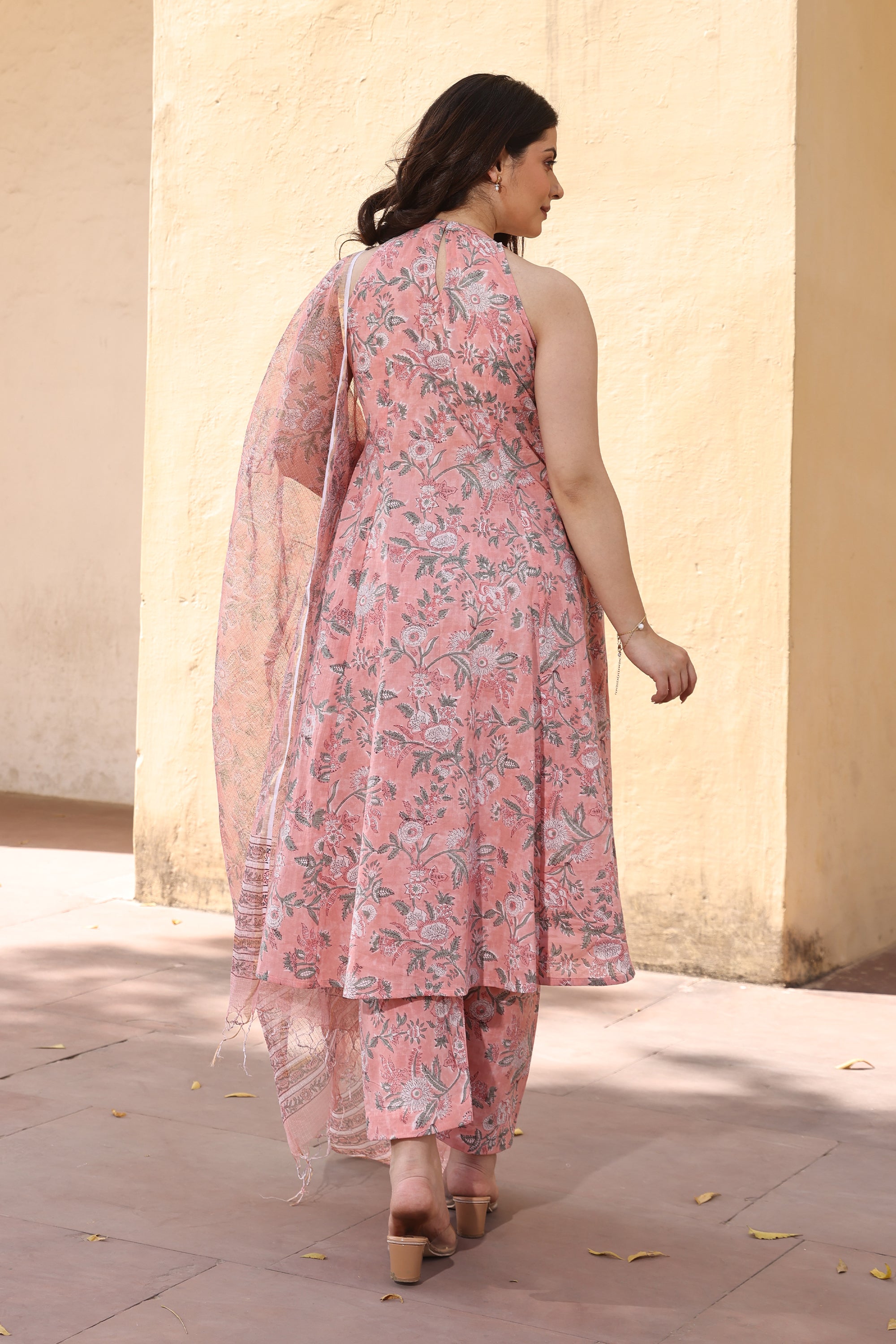 Peach Jaali Handblock Print Cotton Suit Set