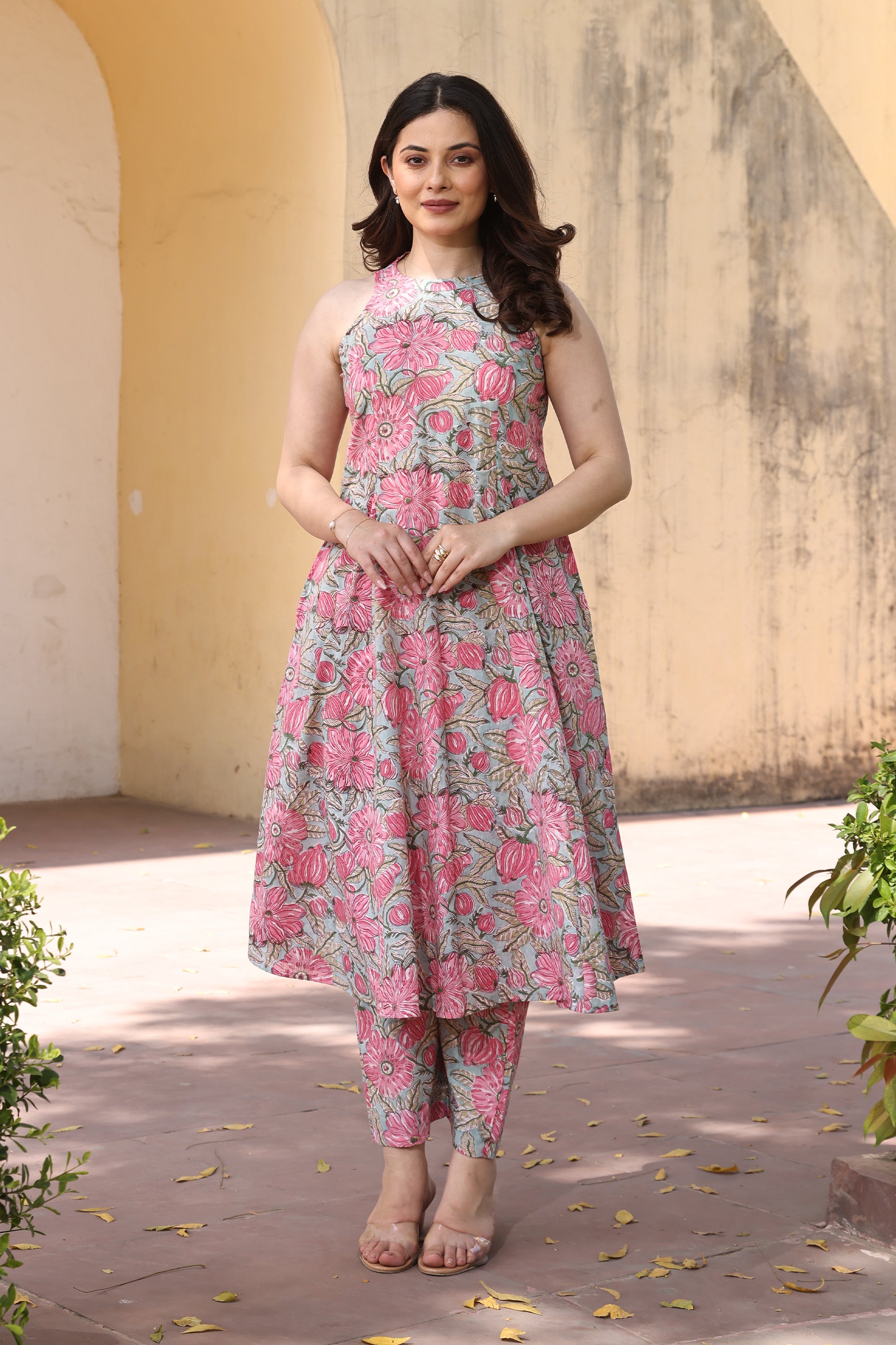Pink Mint Jaali Handblock Print Cotton Suit Set