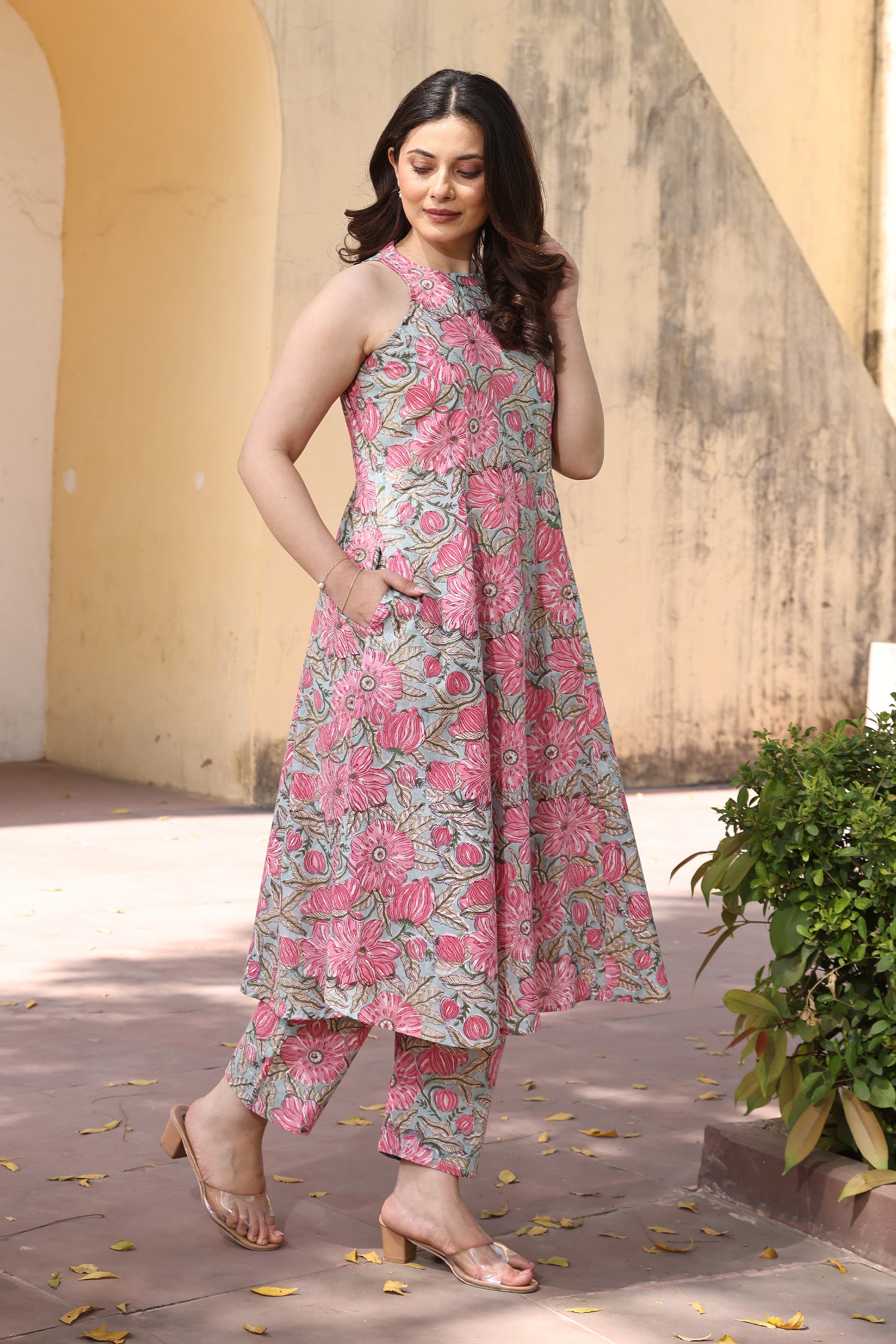 Pink Mint Jaali Handblock Print Cotton Suit Set