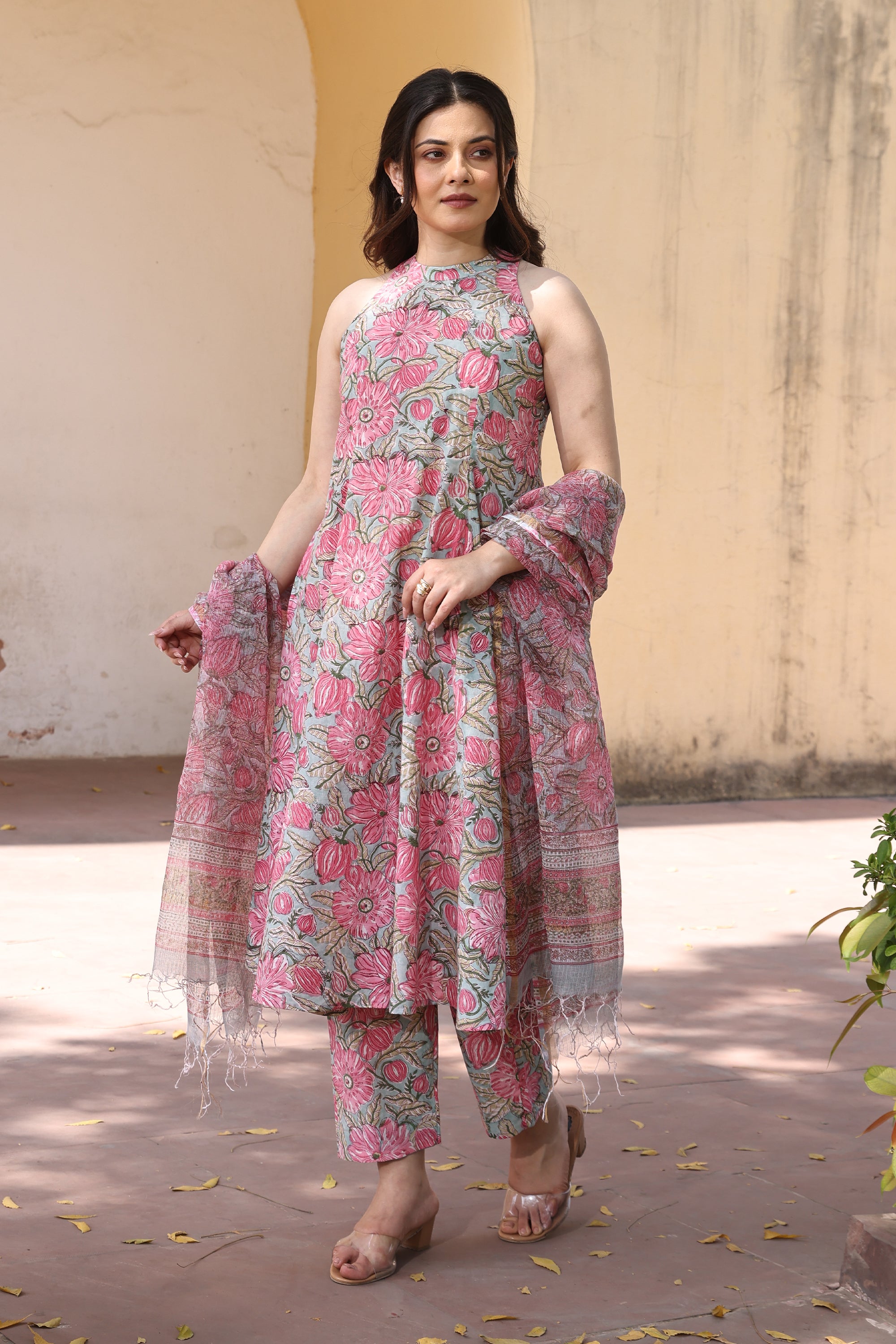 Pink Mint Jaali Handblock Print Cotton Suit Set