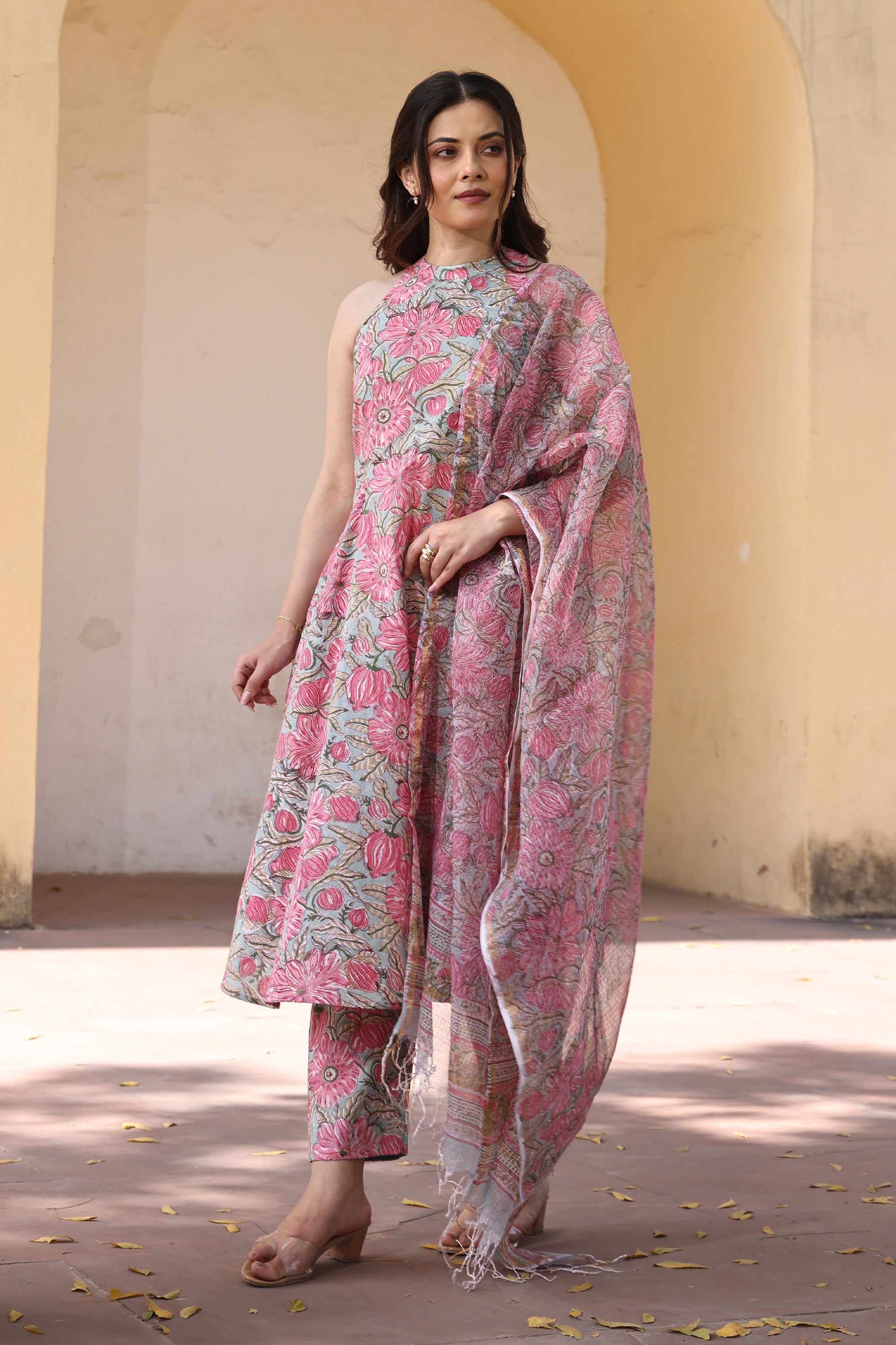 Pink Mint Jaali Handblock Print Cotton Suit Set