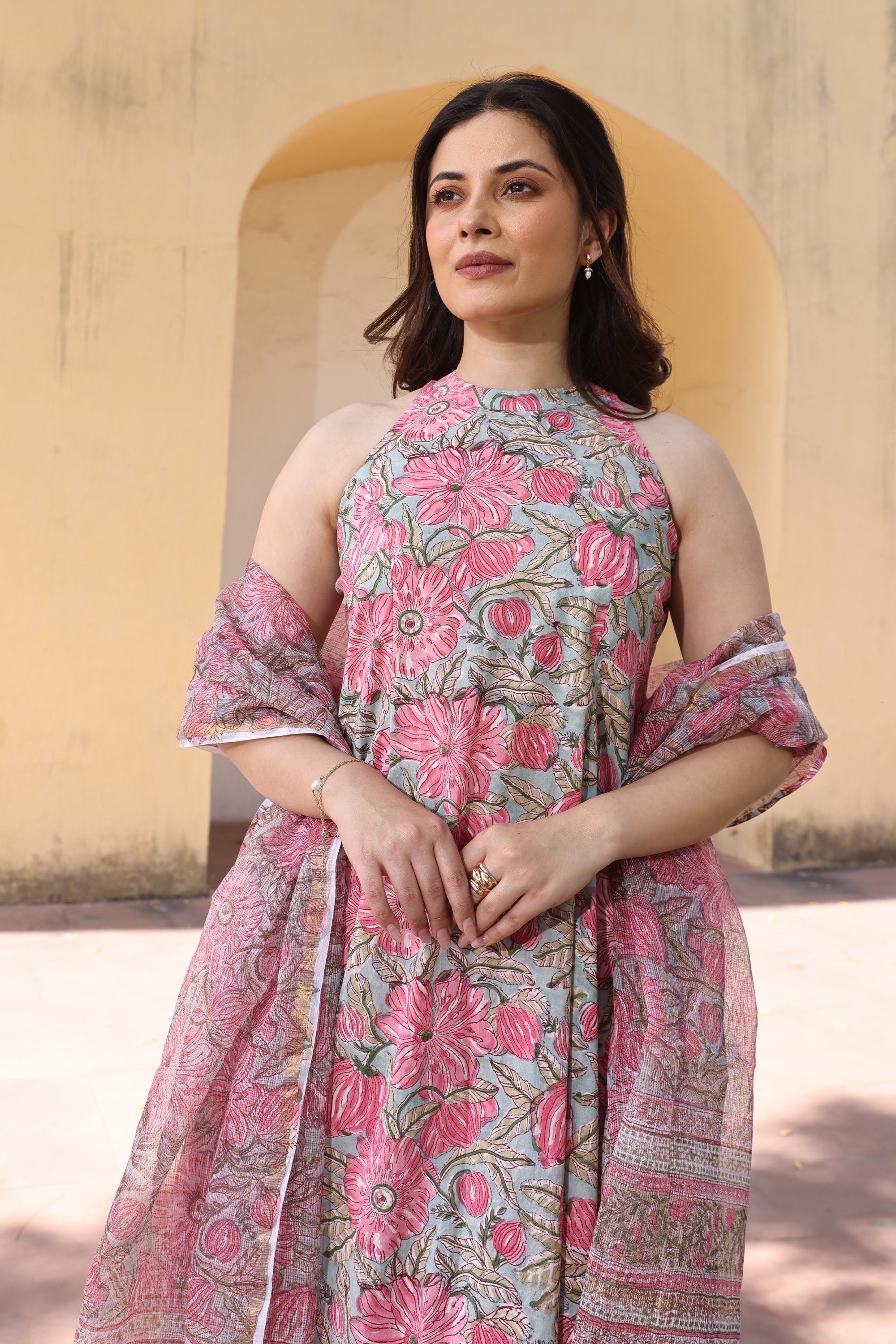 Pink Mint Jaali Handblock Print Cotton Suit Set