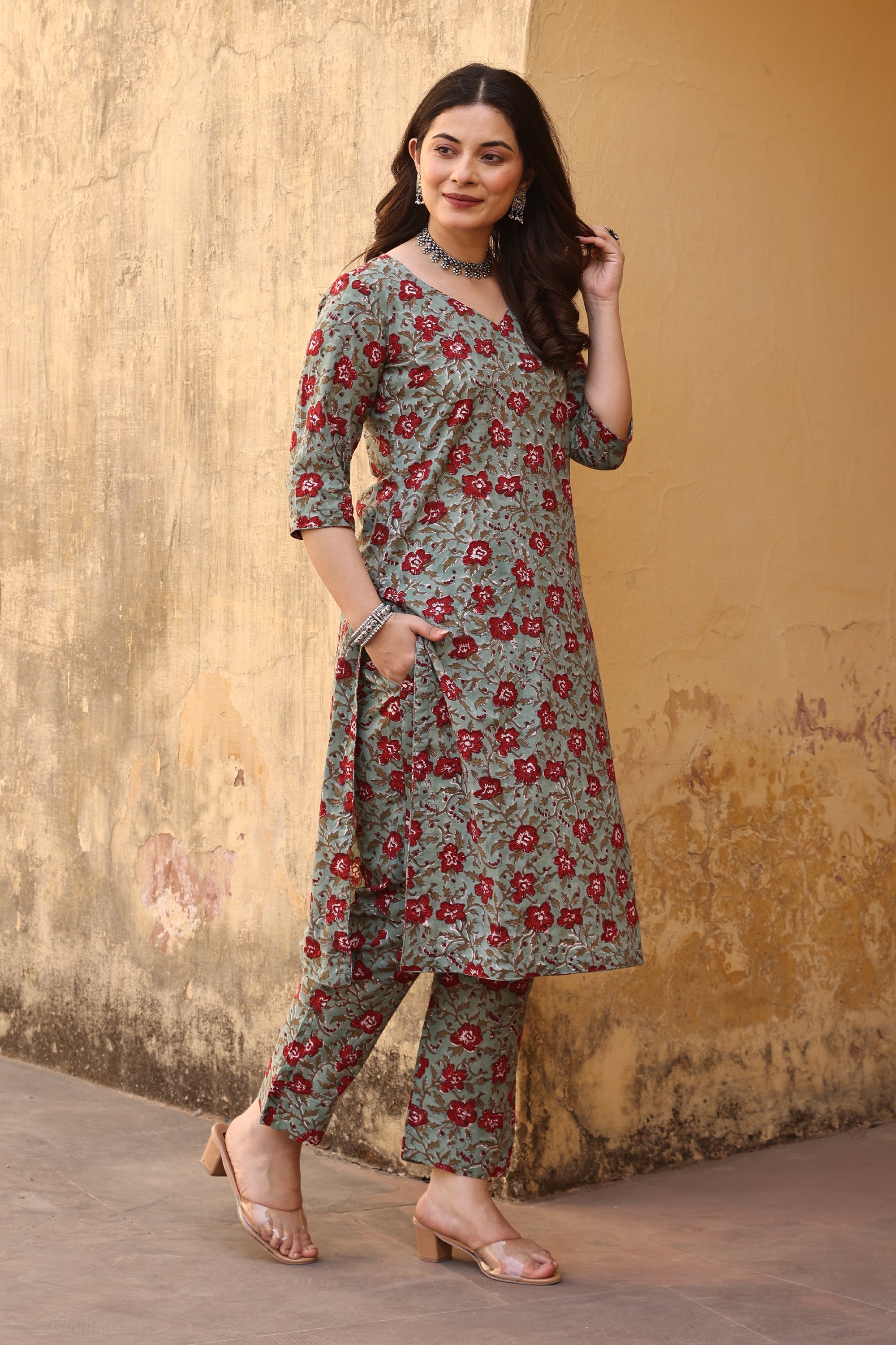 Green Red Jaali Cotton Straight Set