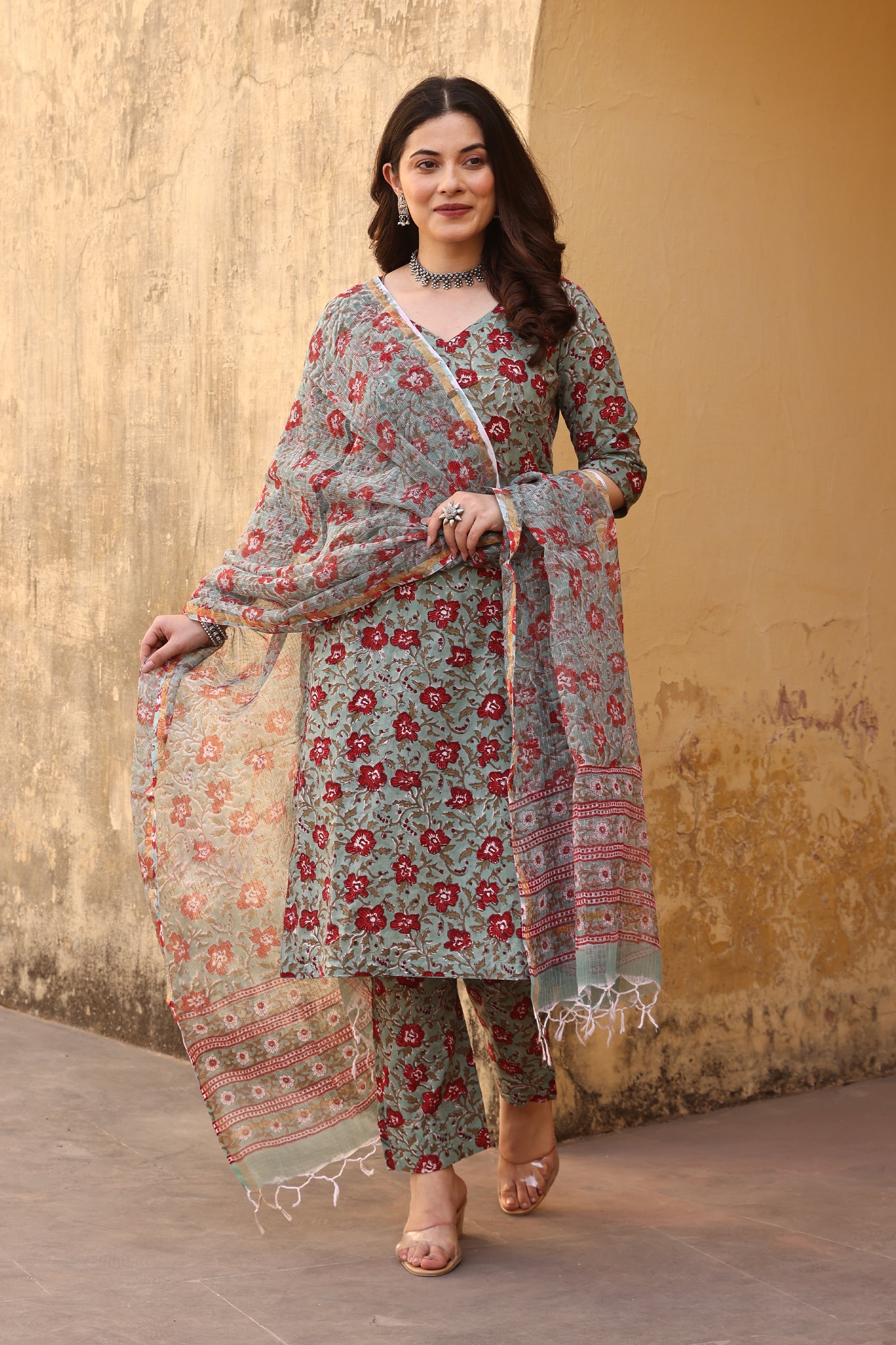 Green Red Jaali Cotton Straight Set