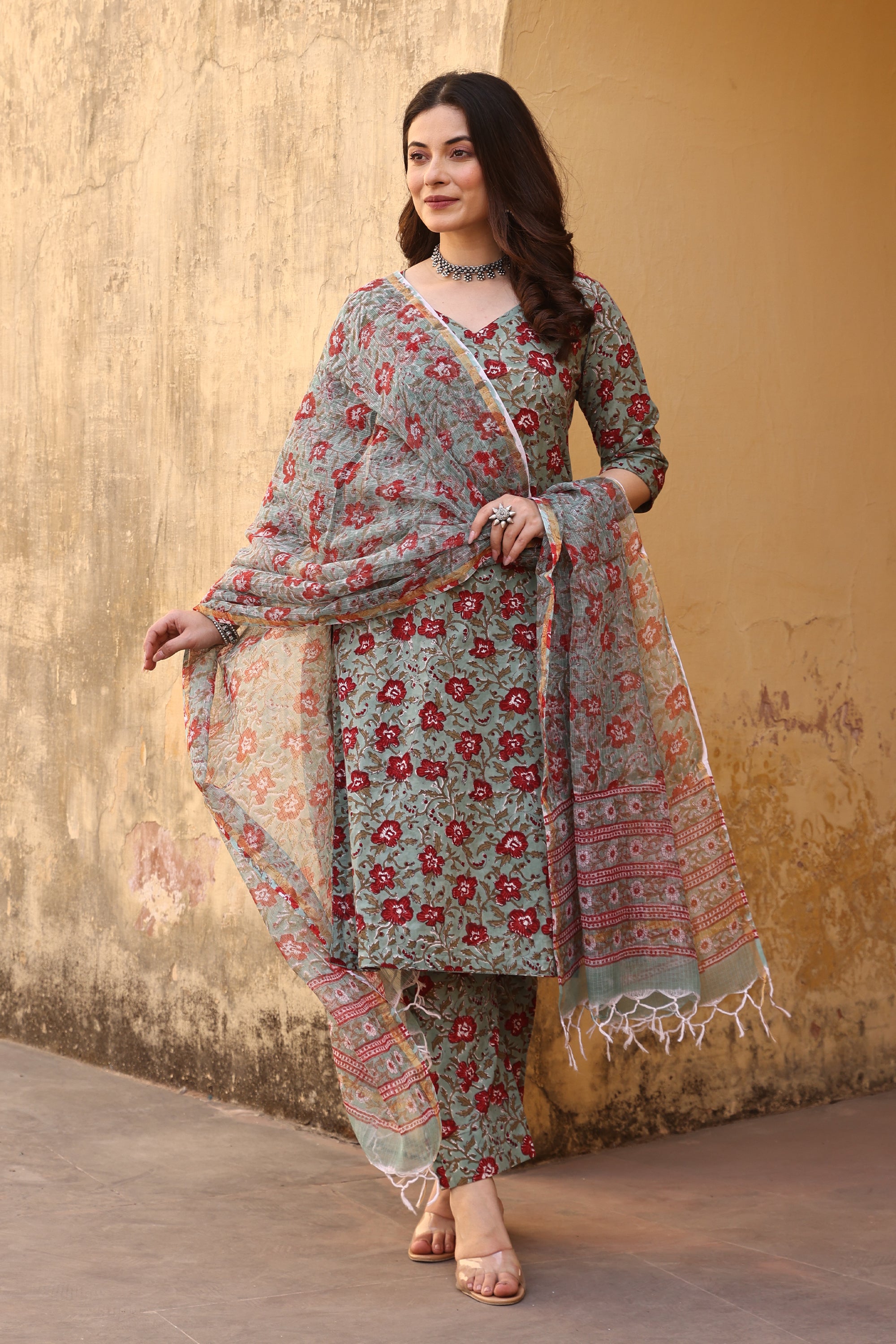 Green Red Jaali Cotton Straight Set