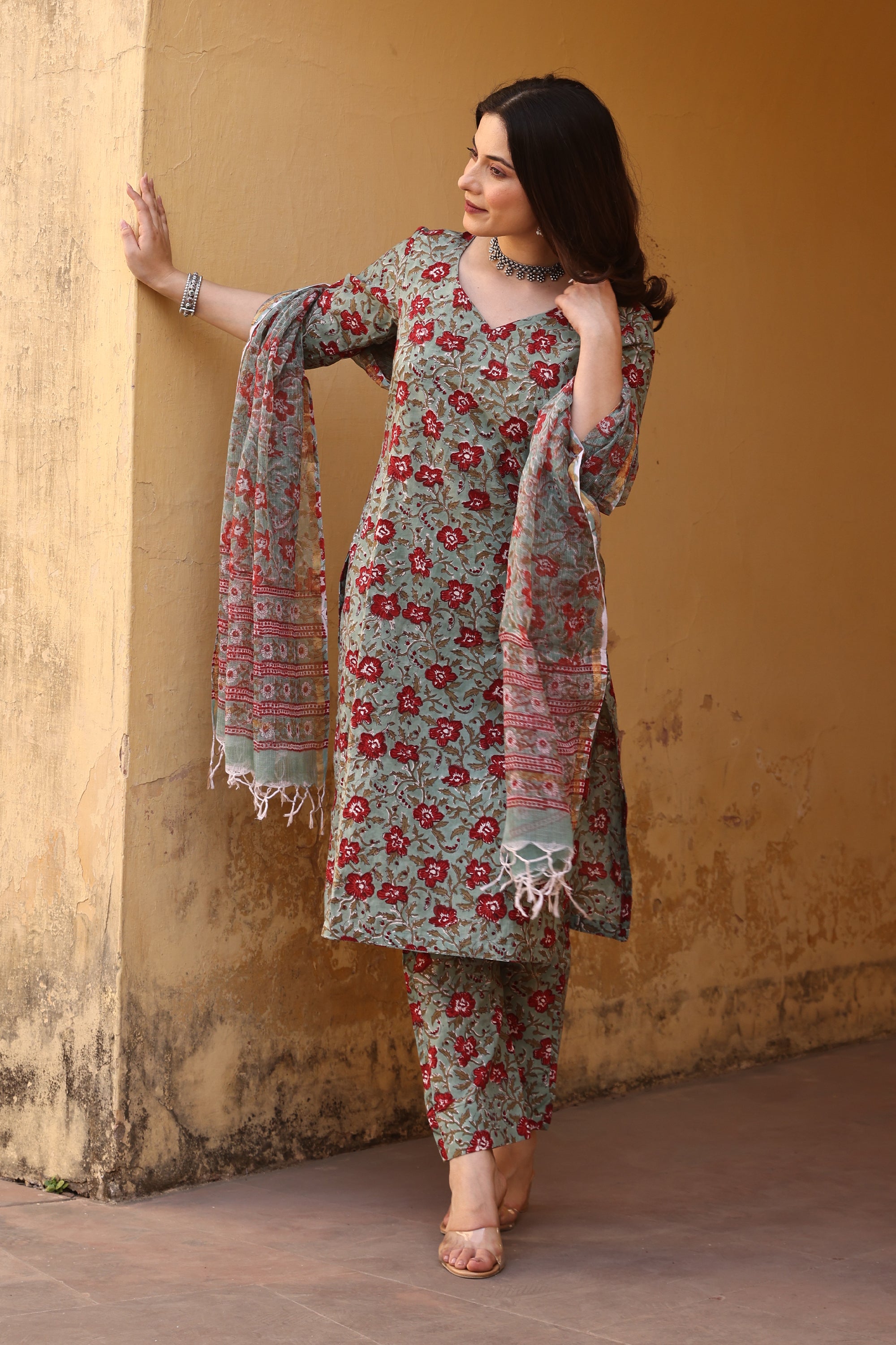 Green Red Jaali Cotton Straight Set